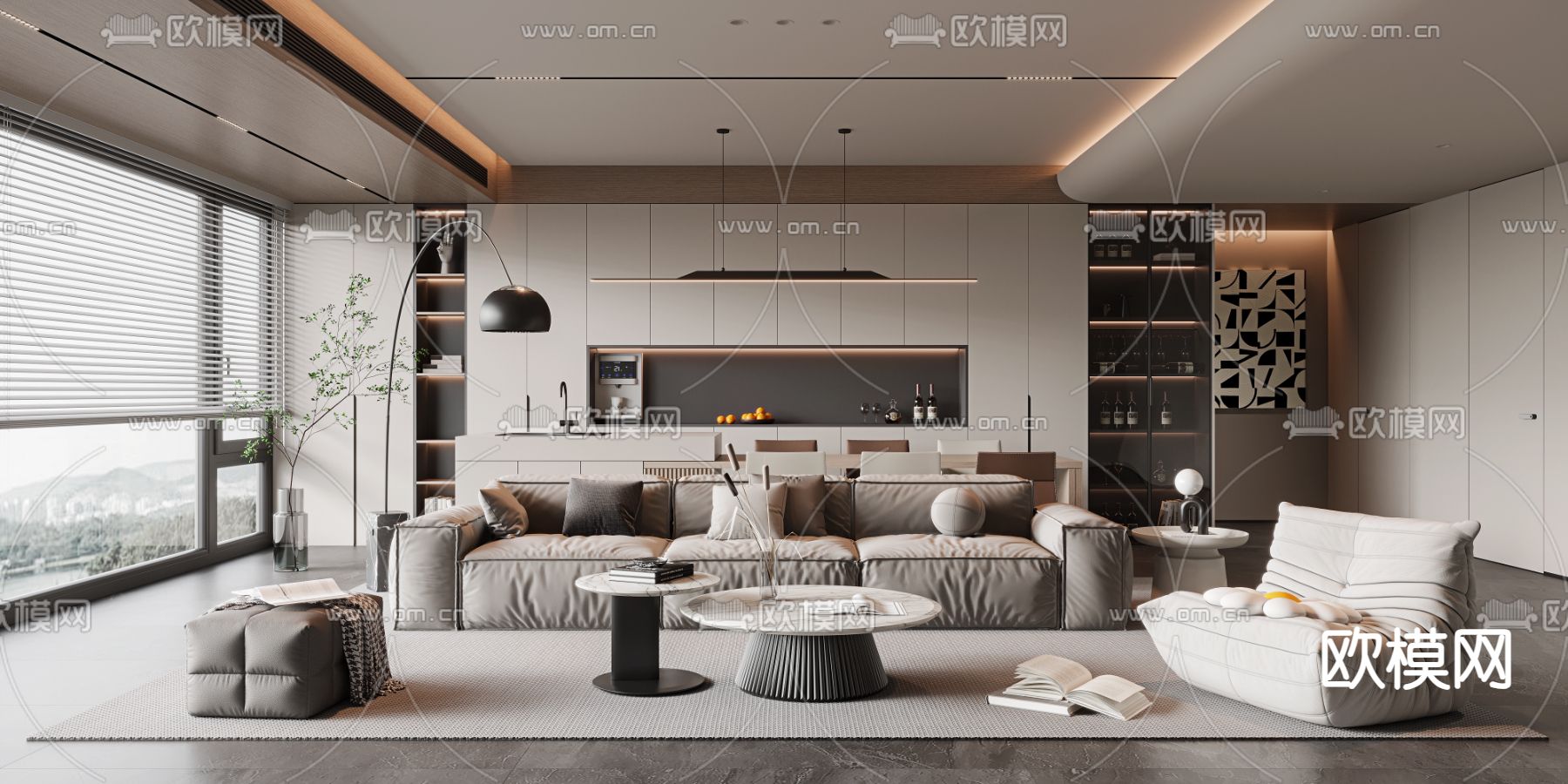 现代客厅 餐厅3d模型下载（渲染图1）