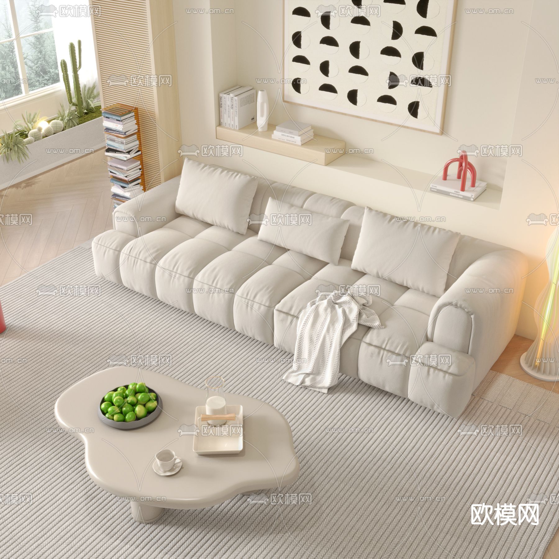 皮沙发 奶油风沙发3d模型下载（渲染图2）