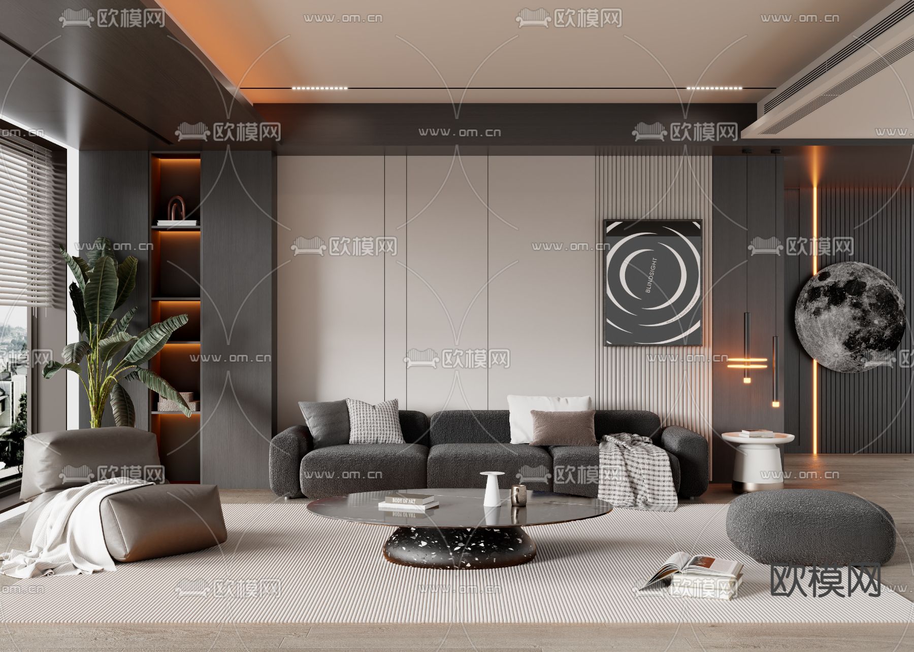 暗黑风客厅su模型下载（渲染图1）