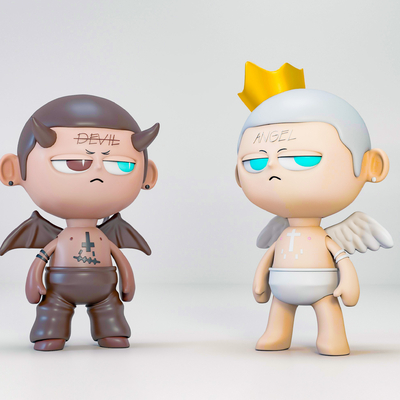  潮玩 天使与魔鬼 手办摆件su模型 