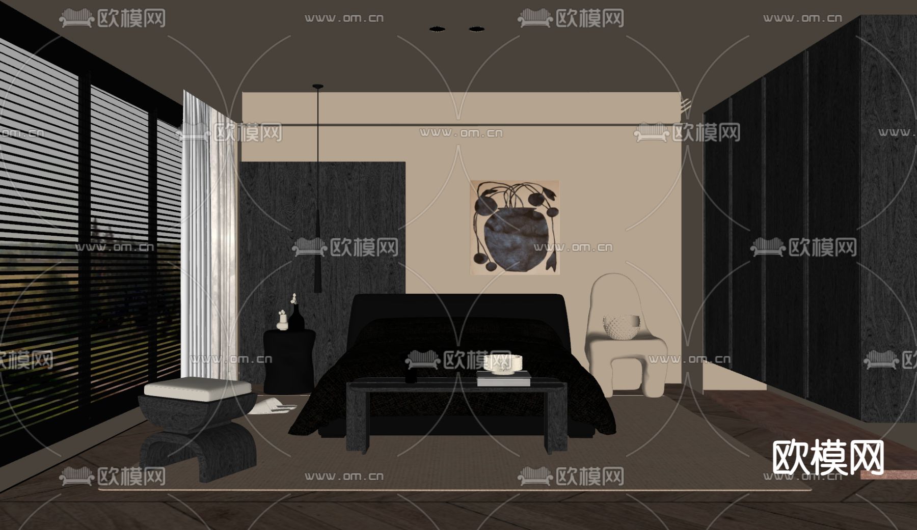 中古卧室su模型下载（渲染图2）