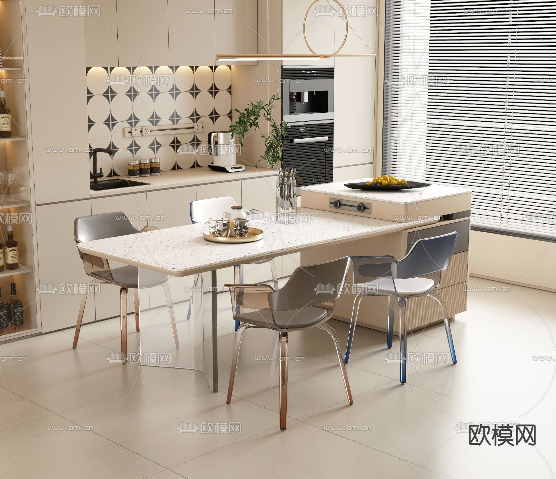 中岛餐桌椅3d模型下载（渲染图2）