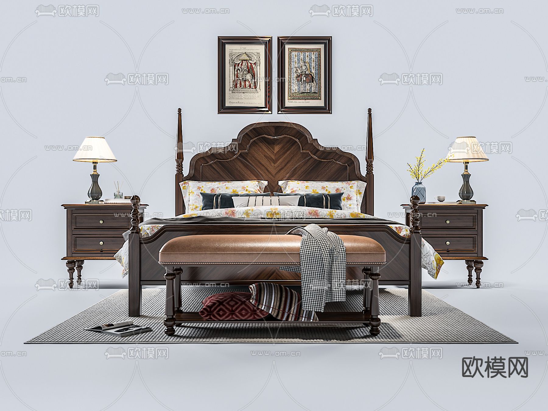 美式双人床3d模型下载