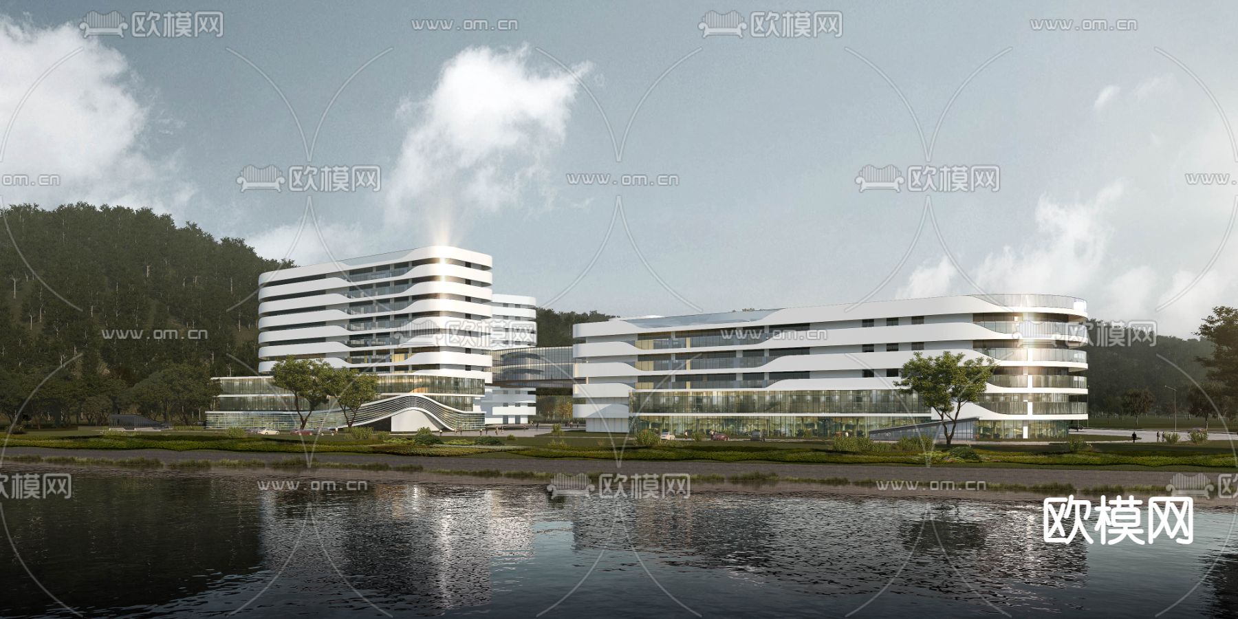 高层公建 沿河景观 办公楼外观3d模型下载