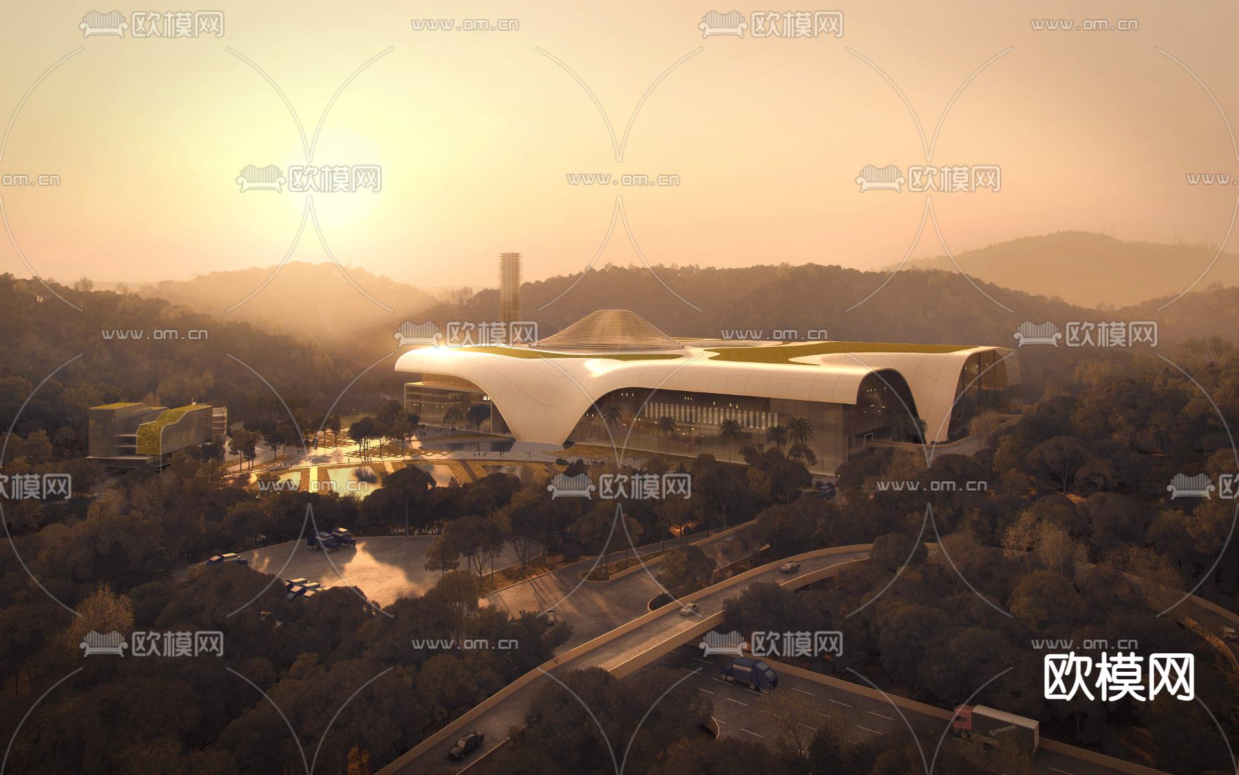 文化馆鸟瞰 黄昏3d模型下载
