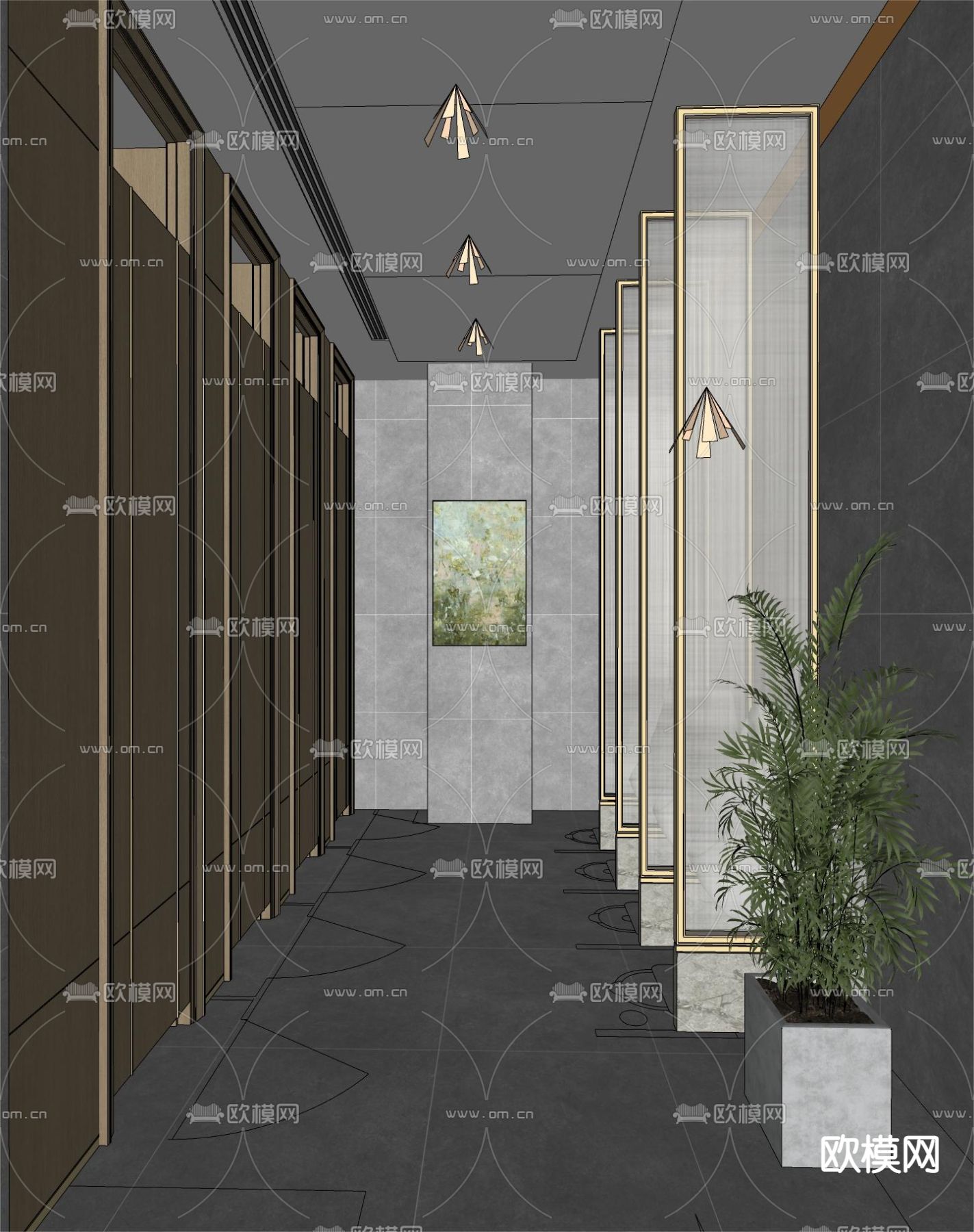 公共男卫生间su模型下载（渲染图2）