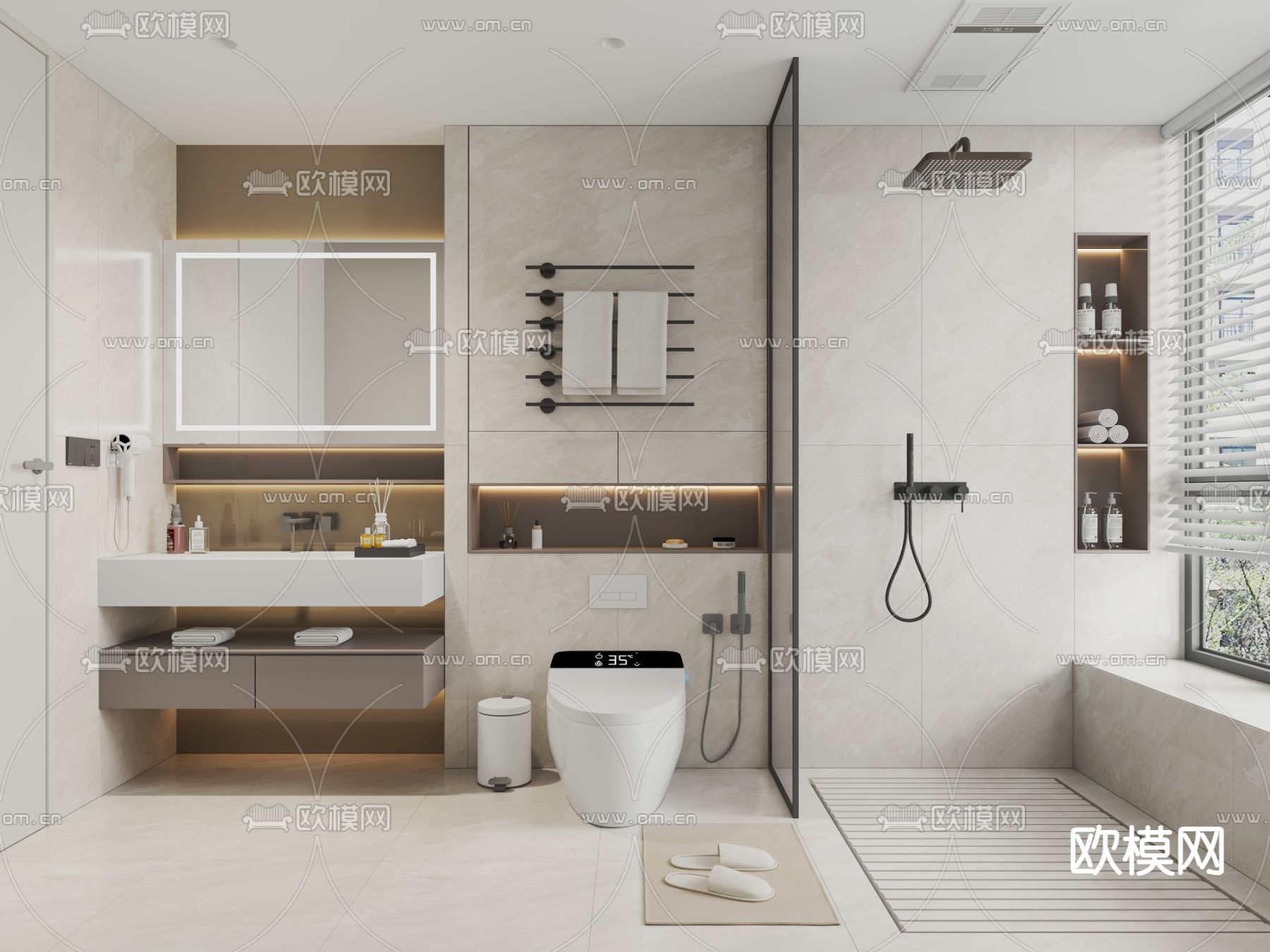 奶油风卫生间 浴室su模型下载（渲染图1）