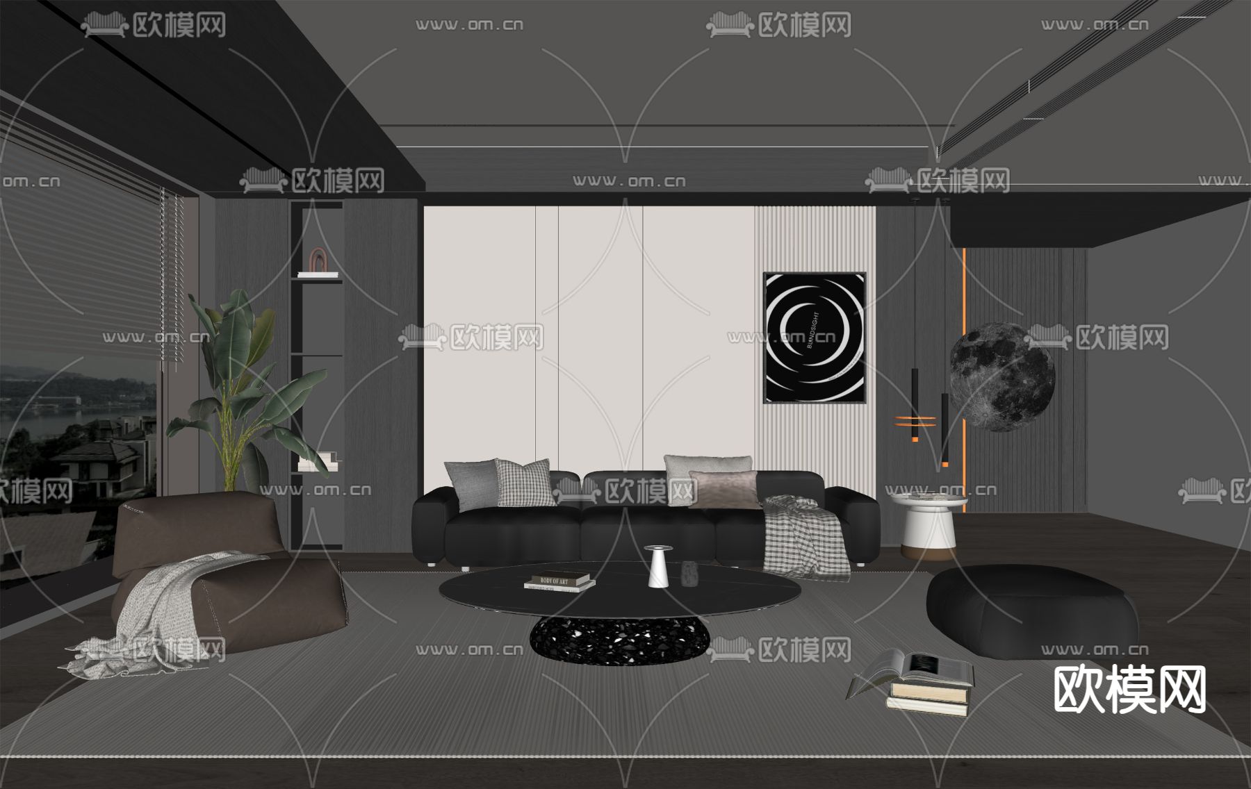 暗黑风客厅su模型下载（渲染图2）