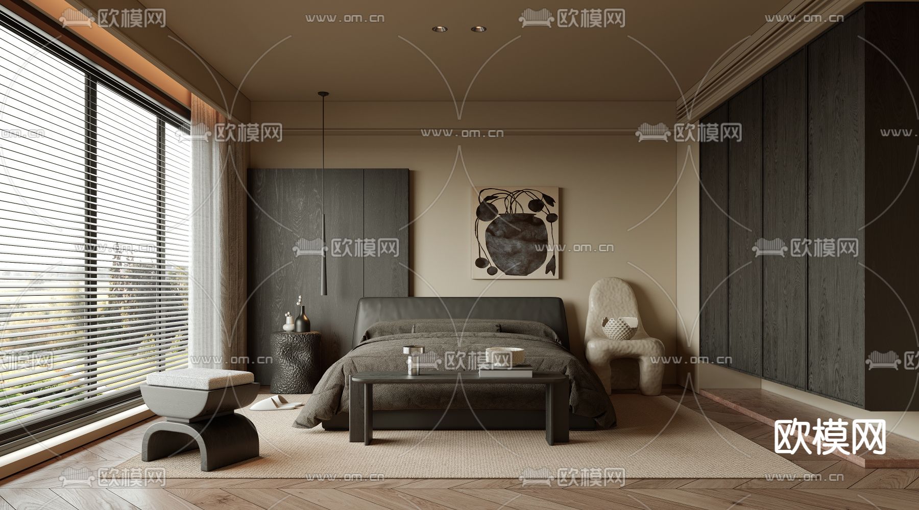 中古卧室su模型下载（渲染图1）