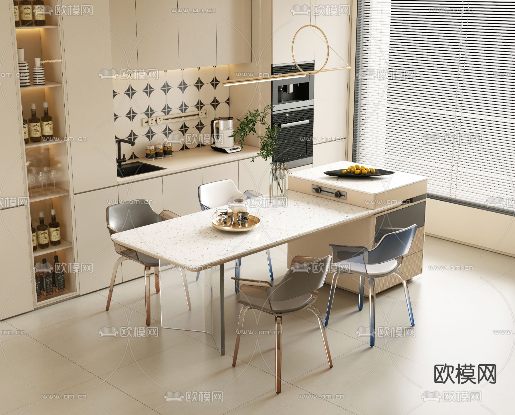 中岛餐桌椅3d模型下载（渲染图1）