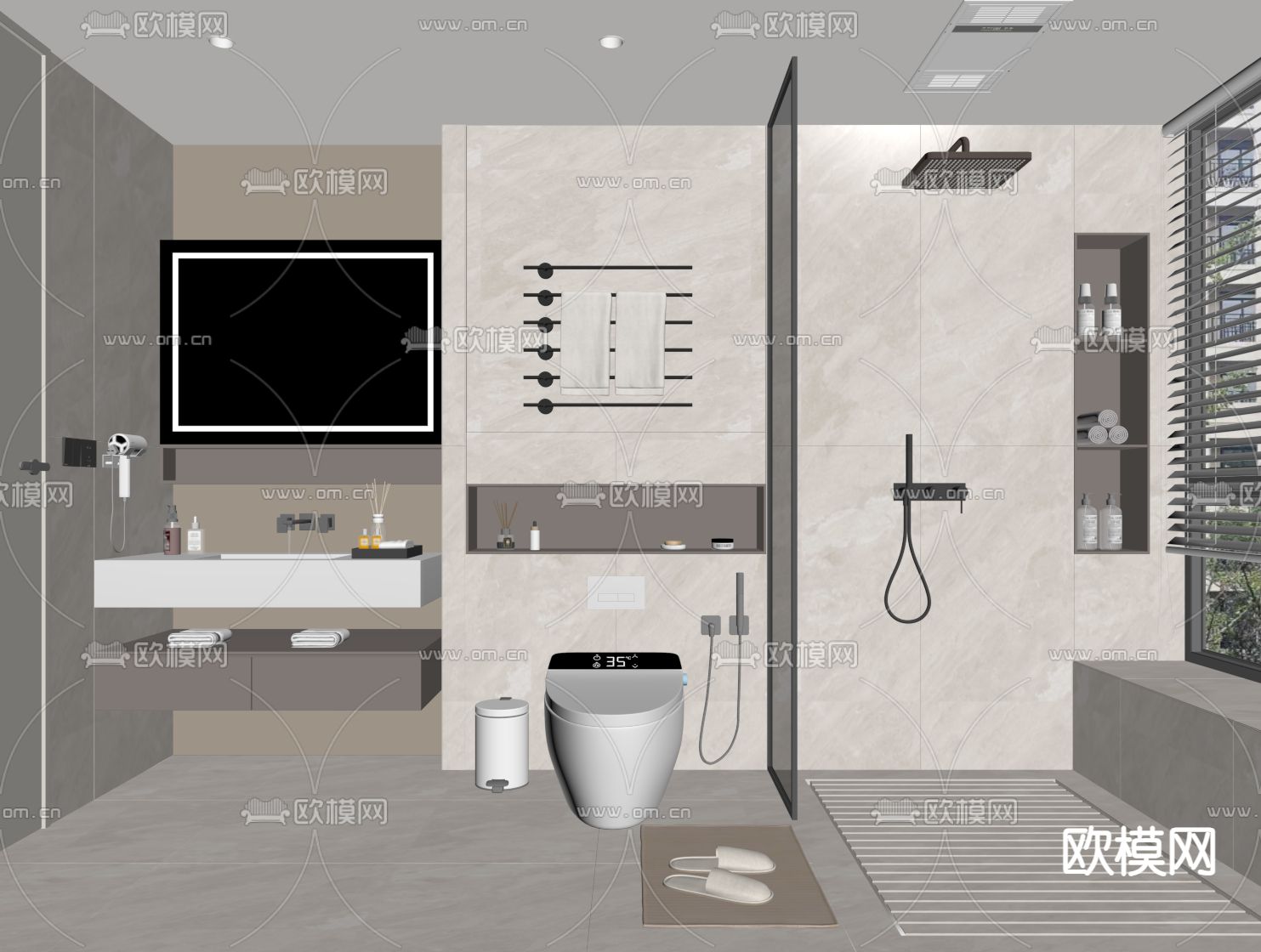 奶油风卫生间 浴室su模型下载（渲染图2）