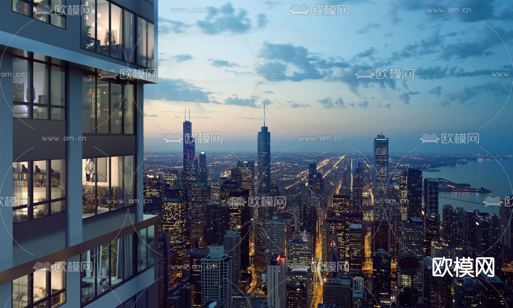 住宅楼鸟瞰 夜景3d模型下载