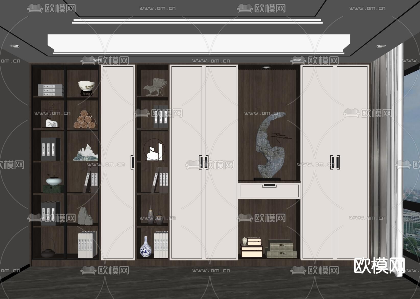 新中式书柜su模型下载（渲染图2）