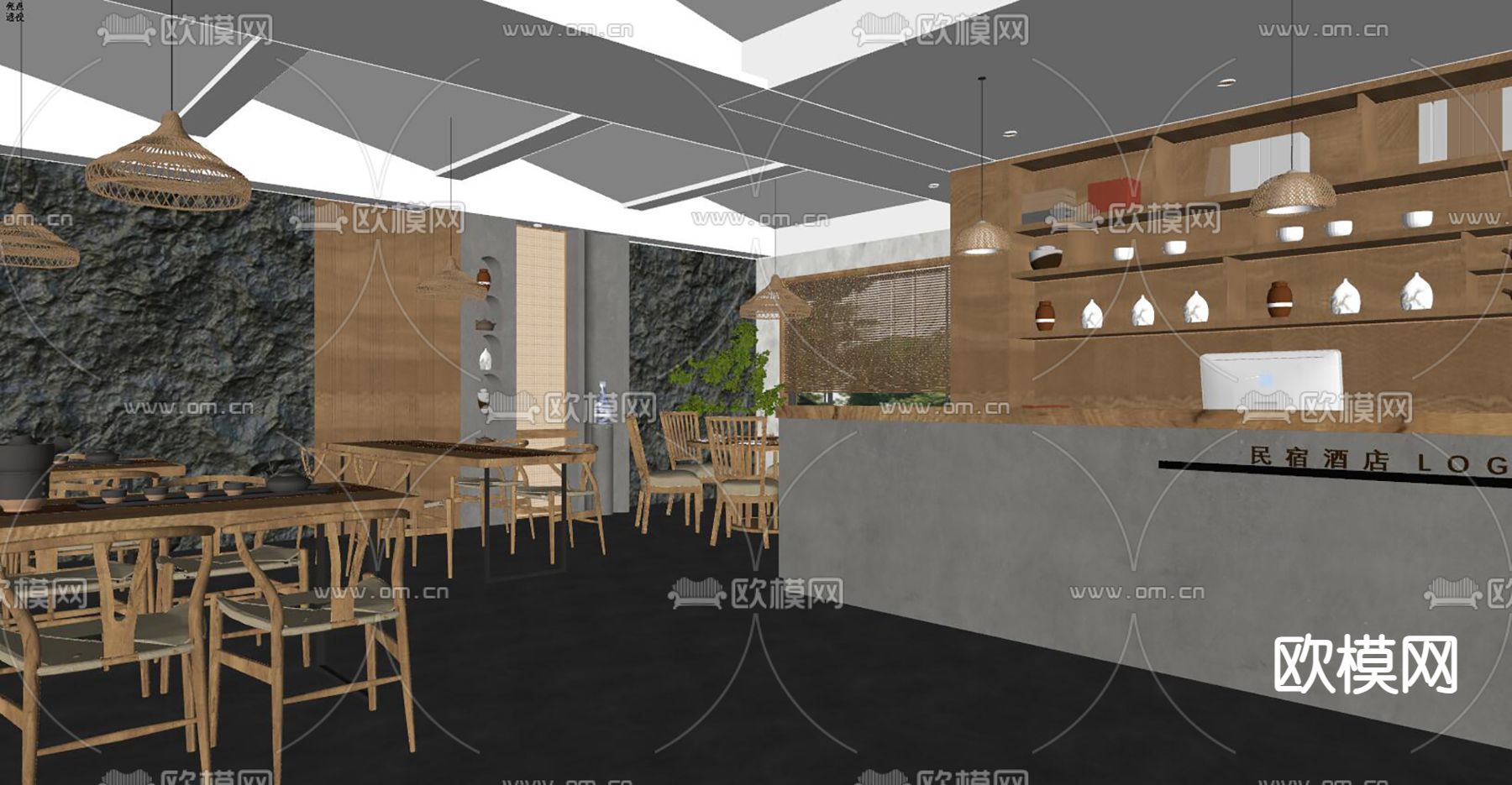 新中式民宿 大厅su模型下载（渲染图3）