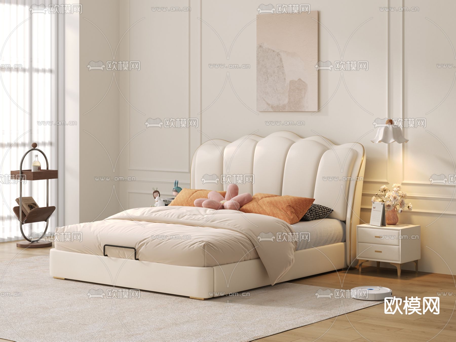 奶油风双人床3d模型下载
