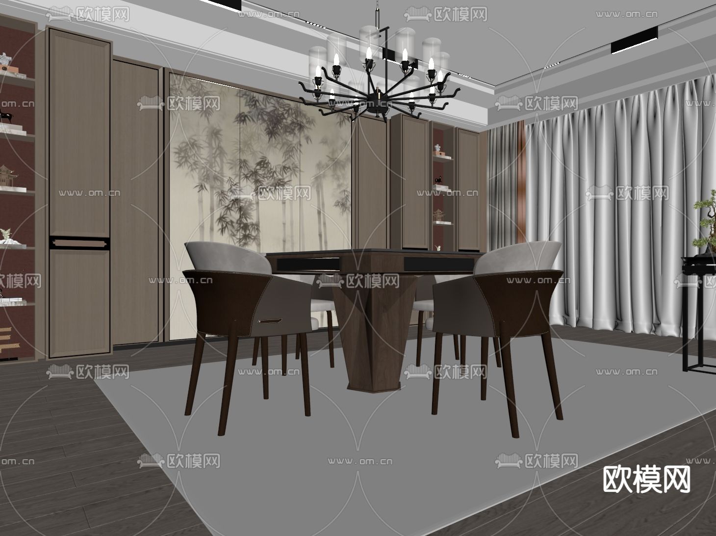 新中式棋牌室su模型下载（渲染图2）