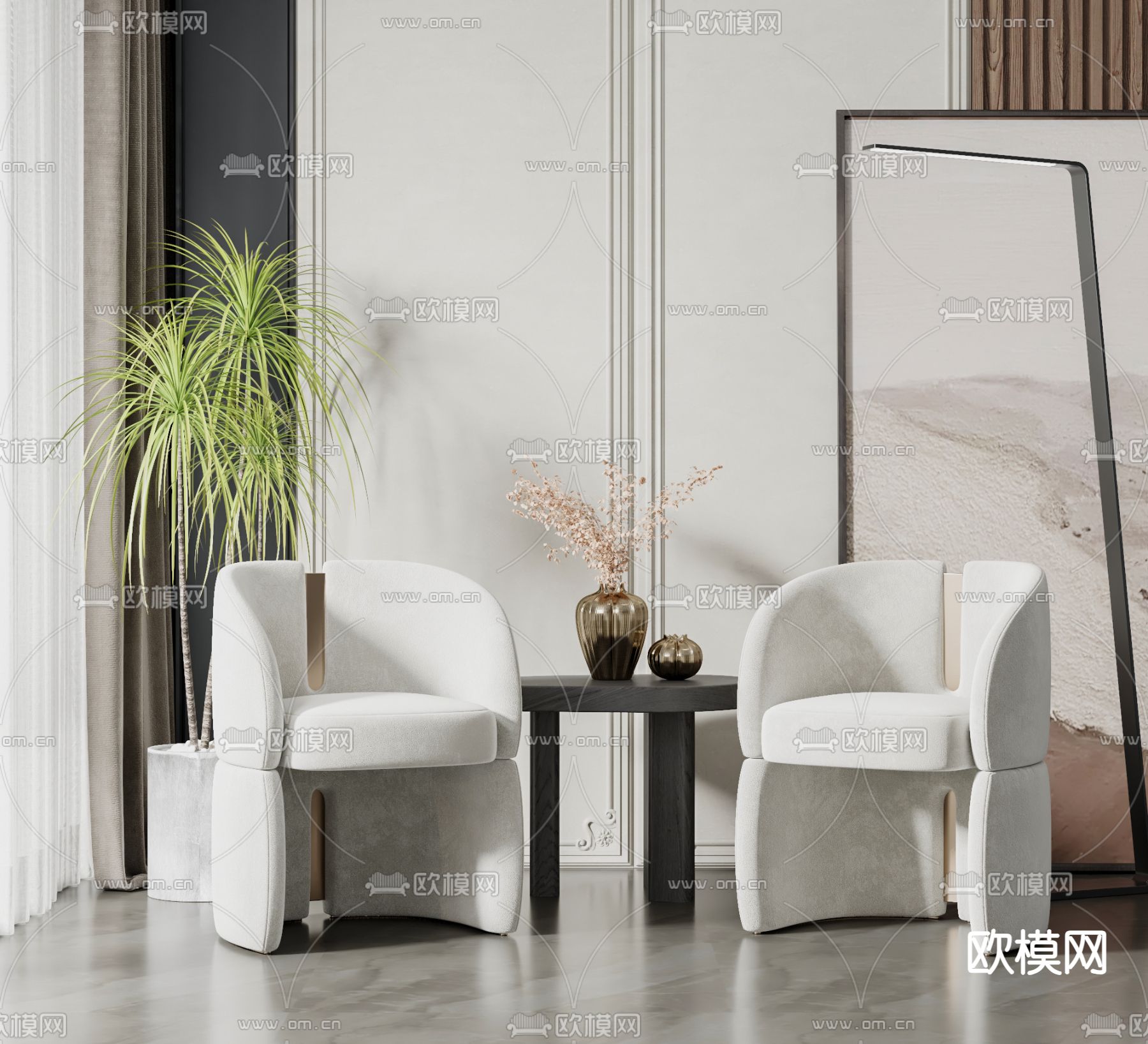 简欧休闲椅su模型下载（渲染图1）