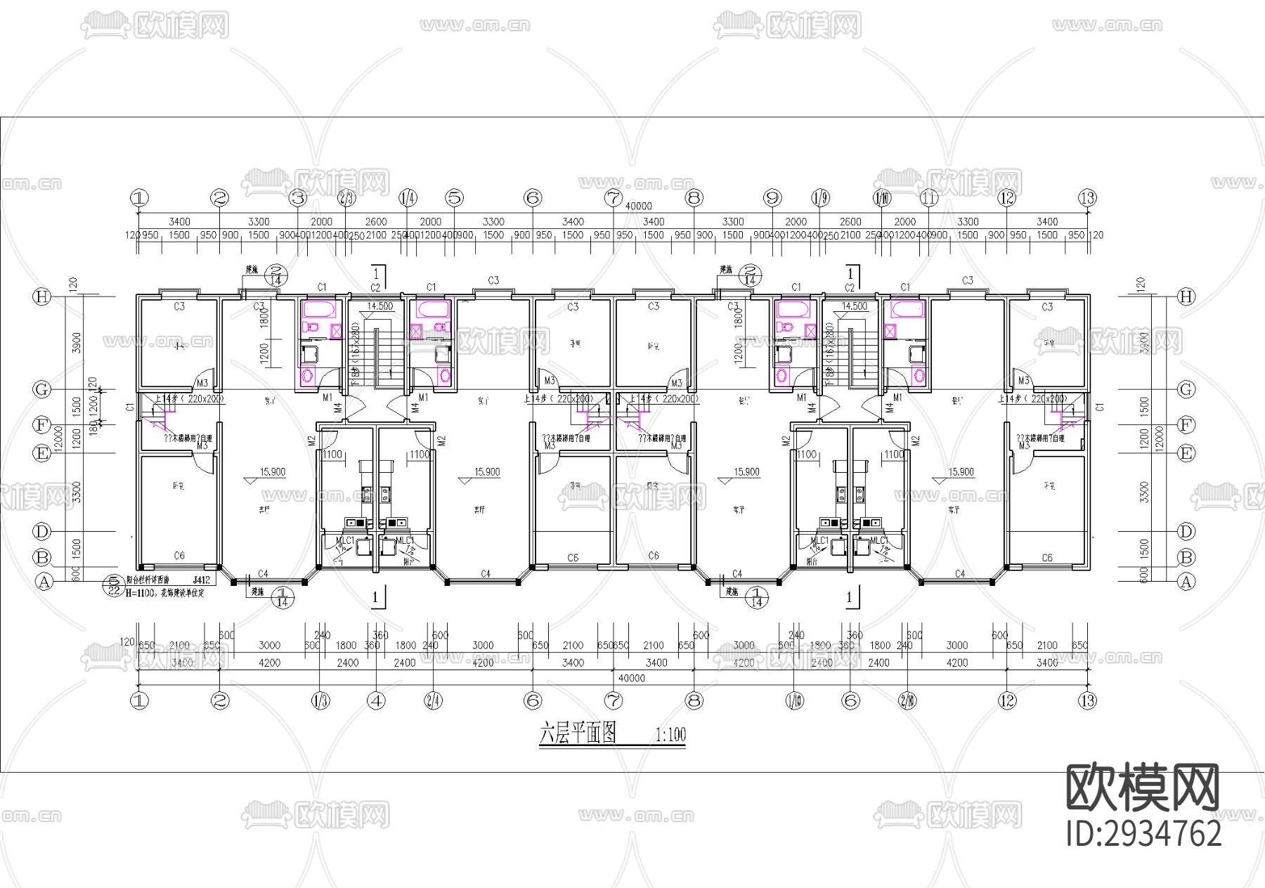 6层砖混结构商住楼设计cad施工图下载（渲染图1）