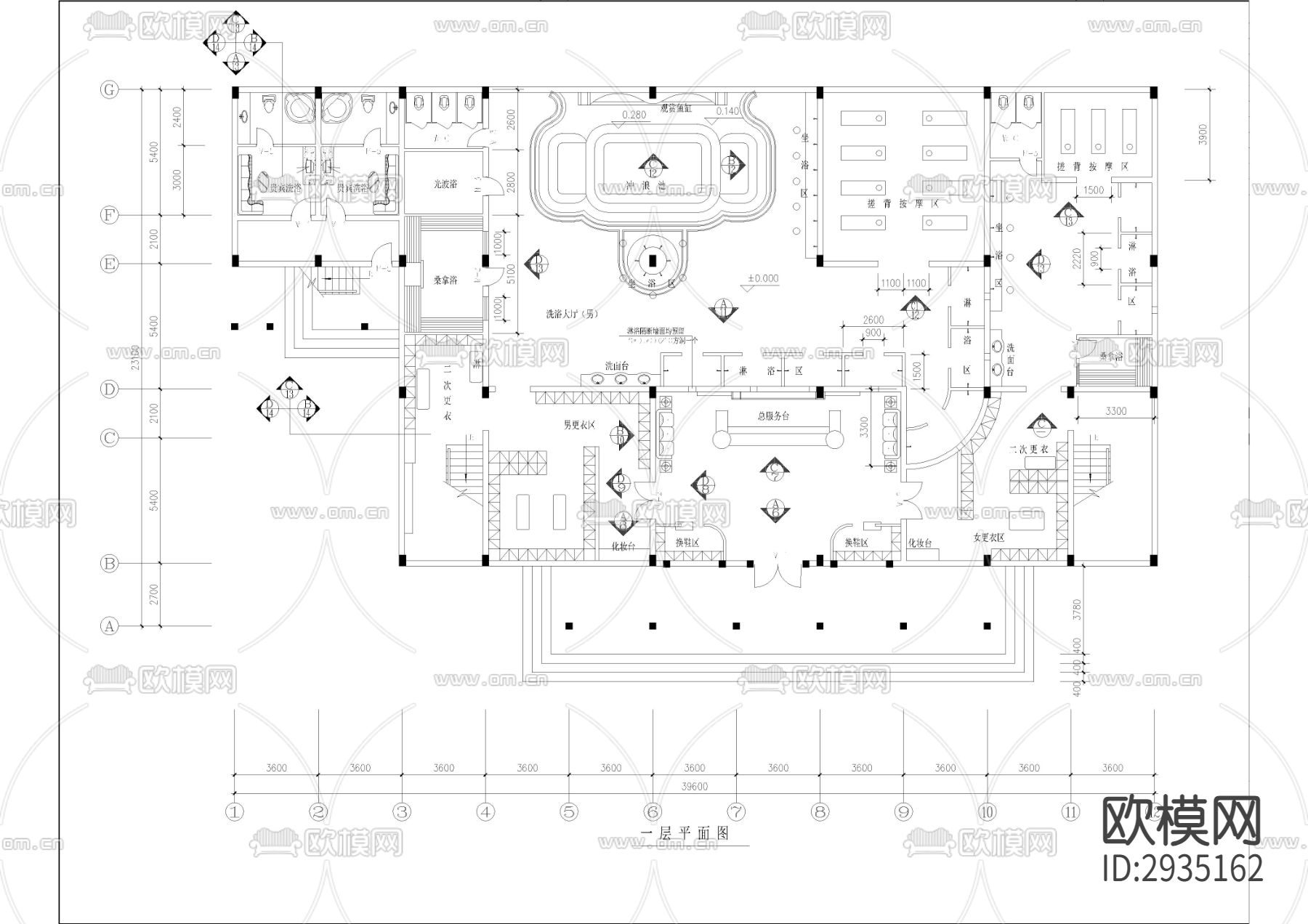 1500㎡汤泉 水疗 洗浴中心cad施工图下载（渲染图1）