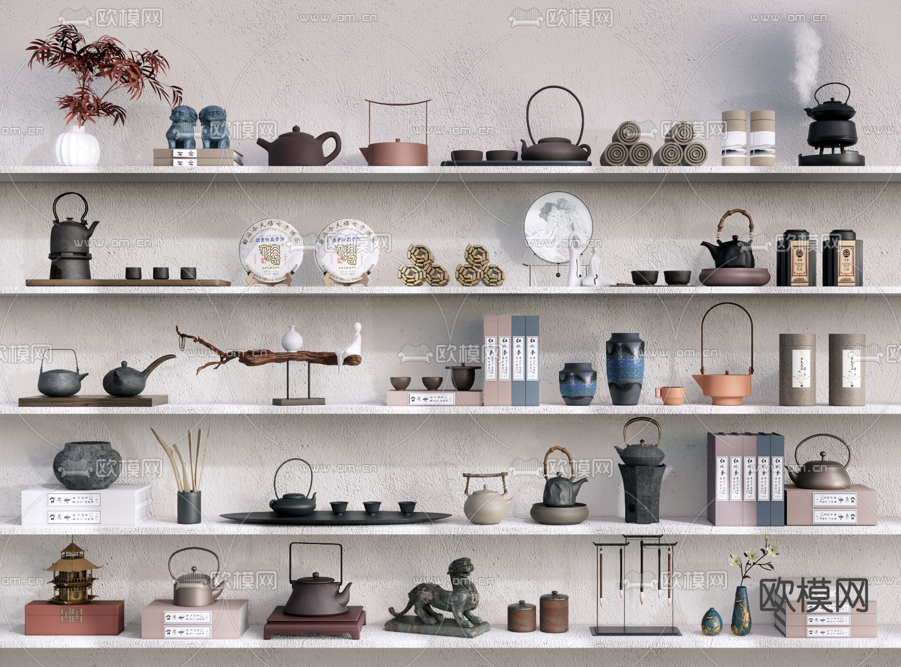 新中式茶具 茶壶 茶杯 茶饼su模型下载（渲染图1）