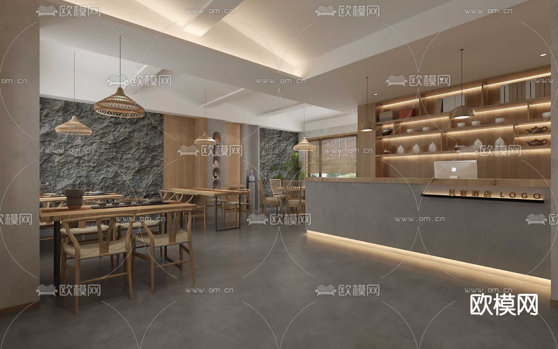 新中式民宿 大厅su模型下载（渲染图1）