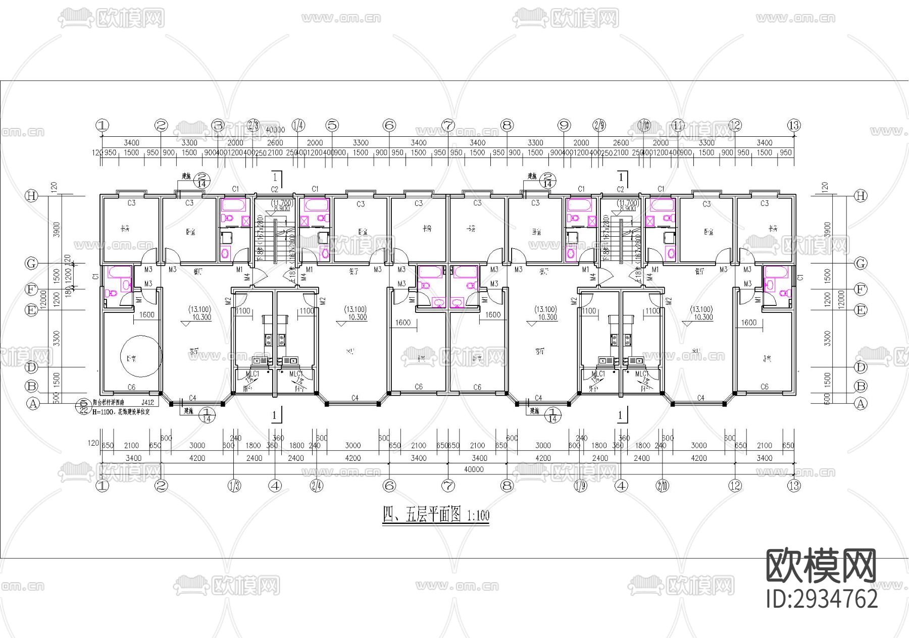 6层砖混结构商住楼设计cad施工图下载（渲染图2）