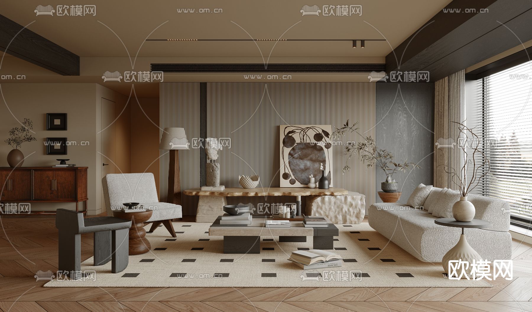 中古风客厅3d模型下载（渲染图1）