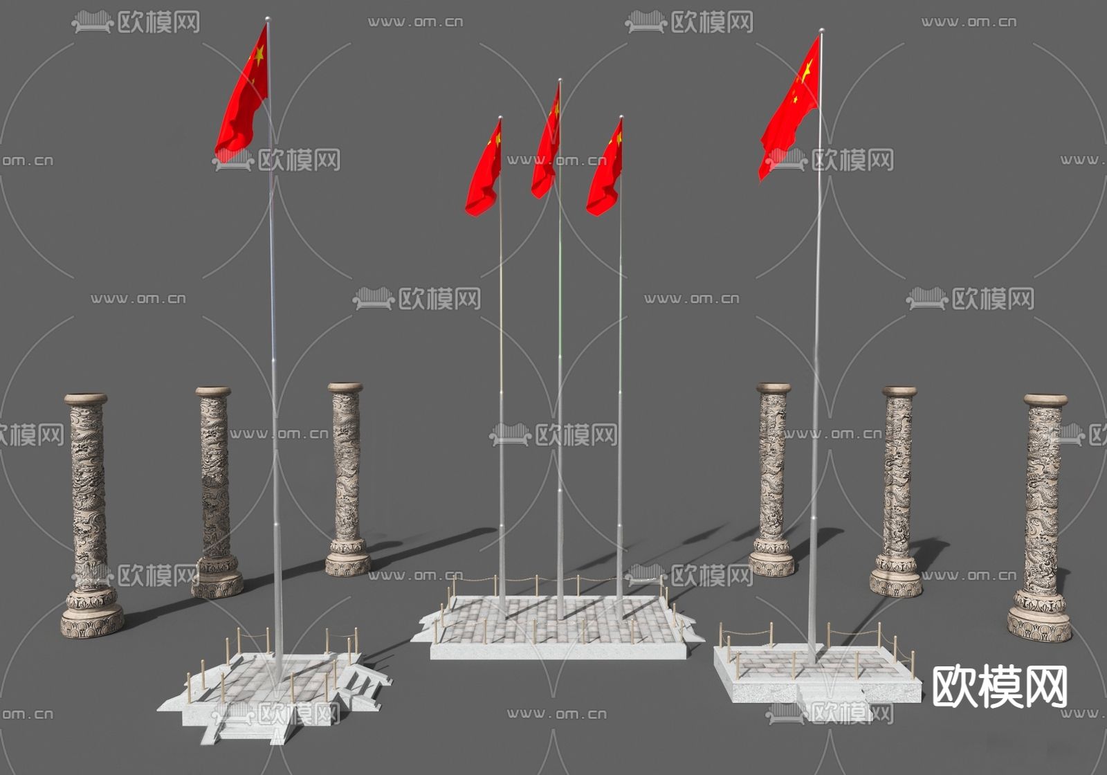 国旗 龙柱旗杆su模型下载（渲染图1）