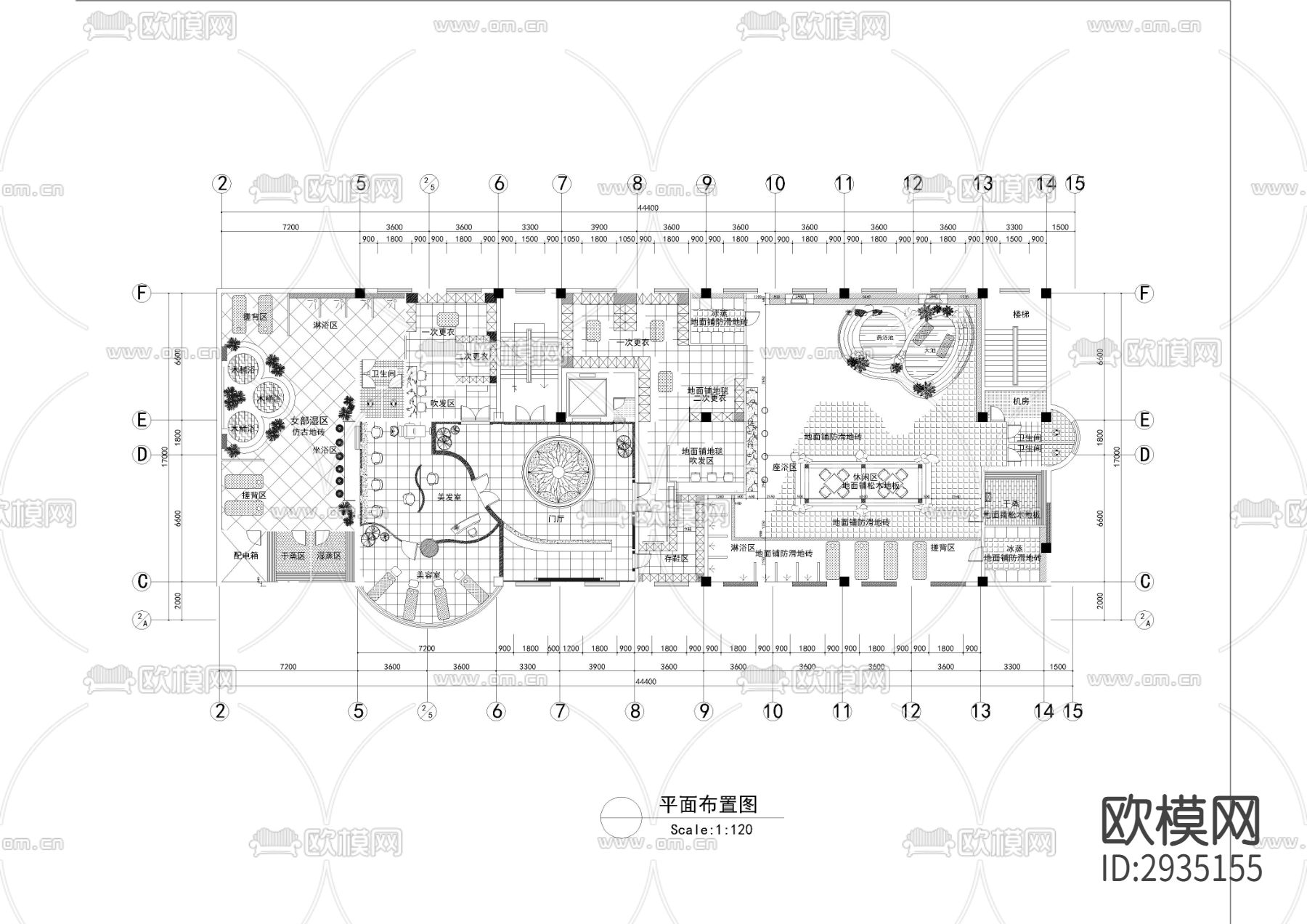 700㎡汤泉 水疗 洗浴中心cad施工图下载（渲染图1）