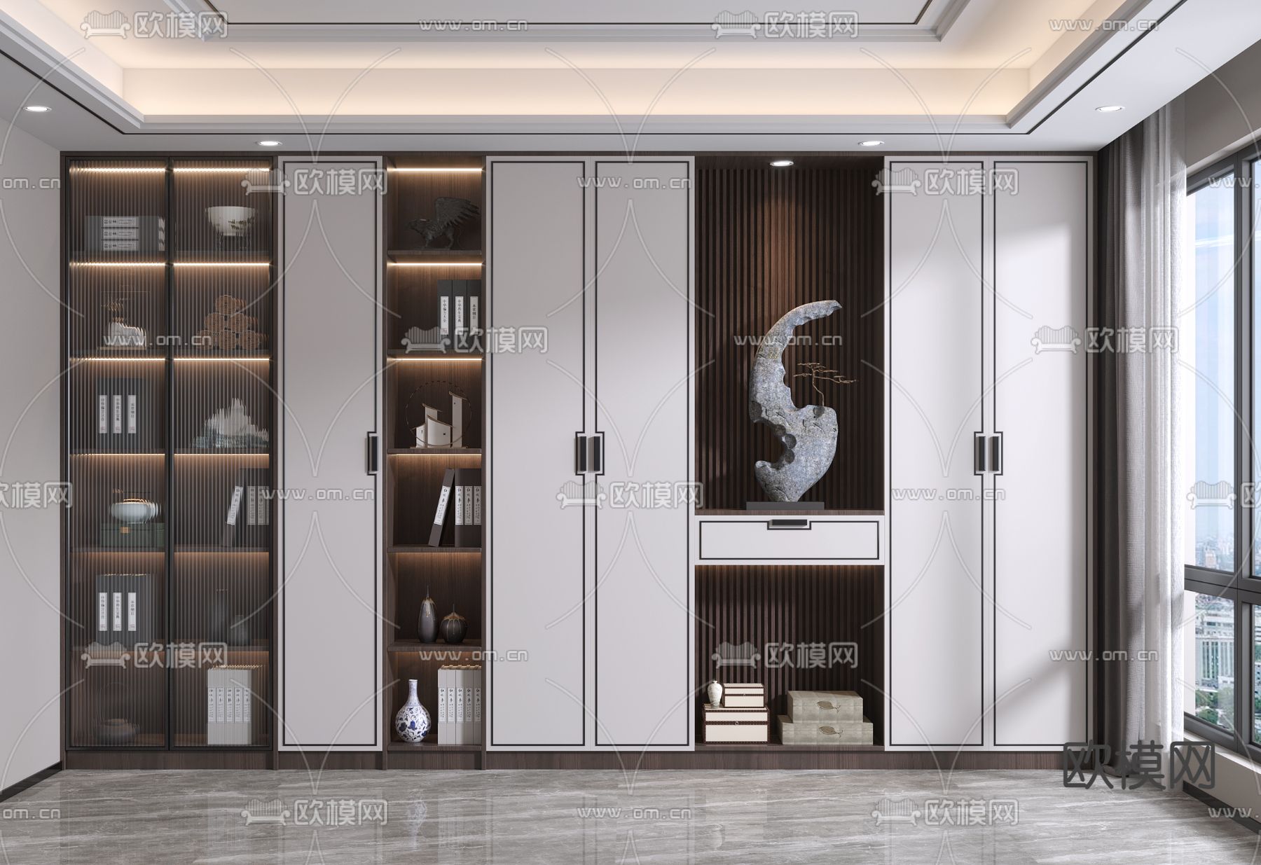 新中式书柜su模型下载（渲染图1）