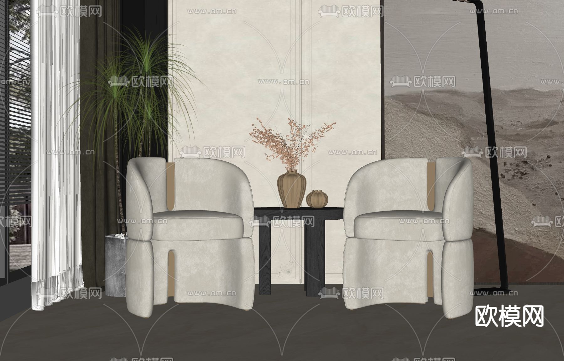 简欧休闲椅su模型下载（渲染图2）