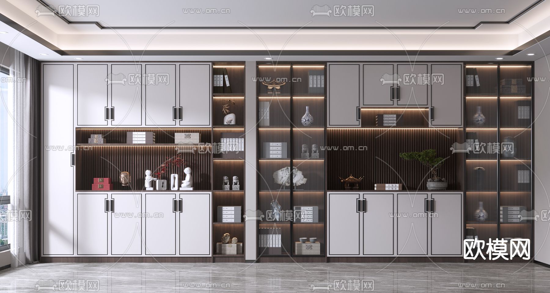 新中式书柜su模型下载（渲染图1）