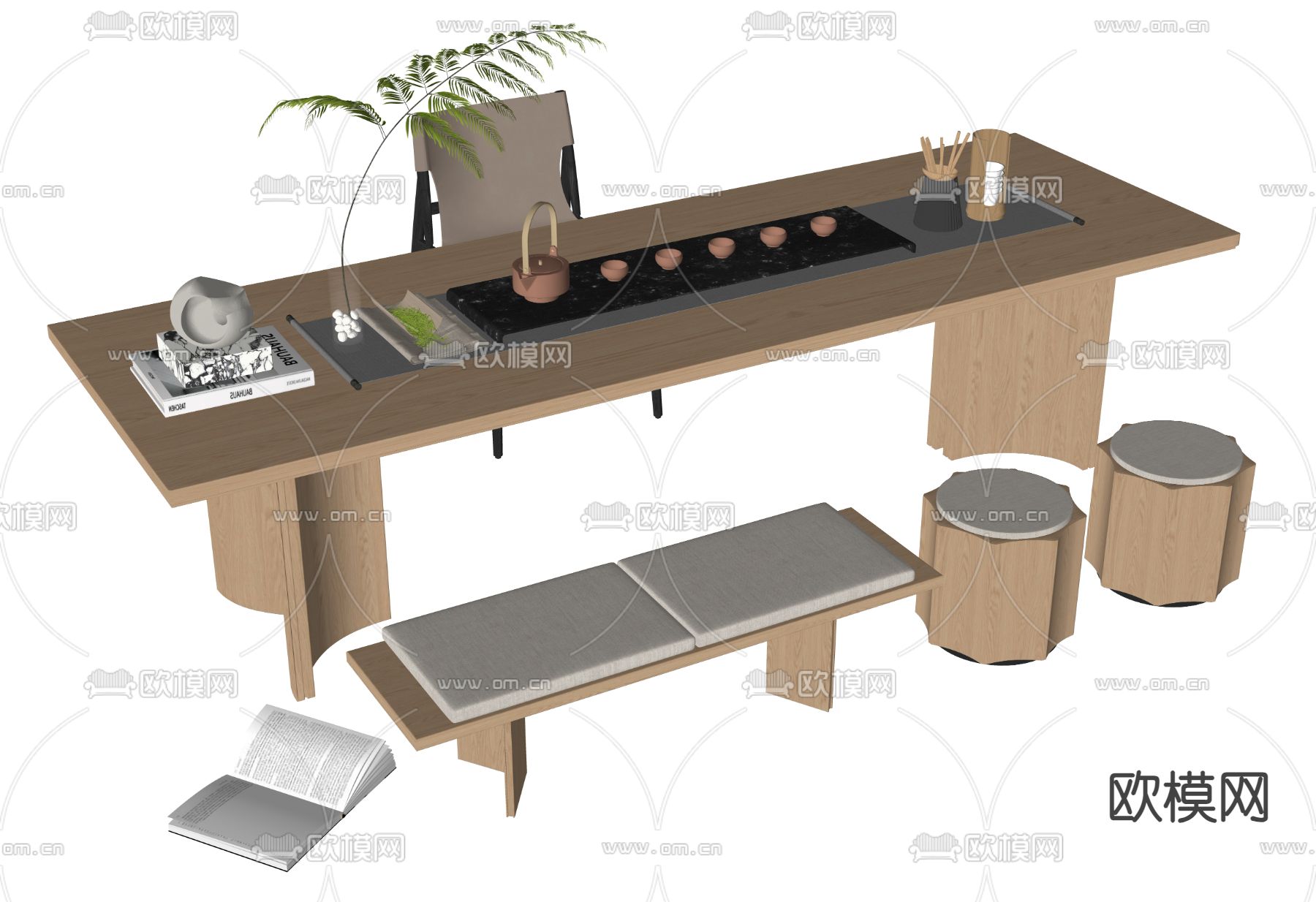现代茶桌 茶台su模型下载（渲染图2）