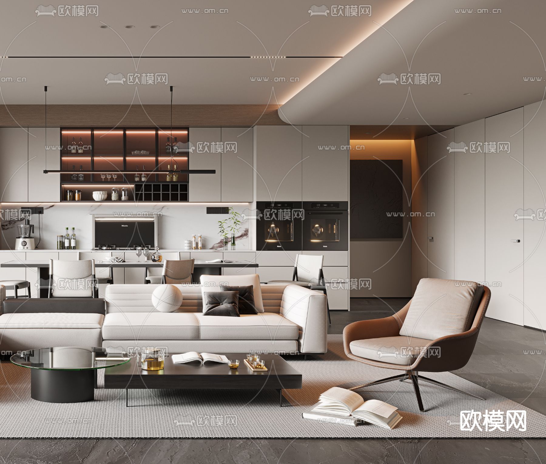 现代客厅 餐厅3d模型下载（渲染图2）