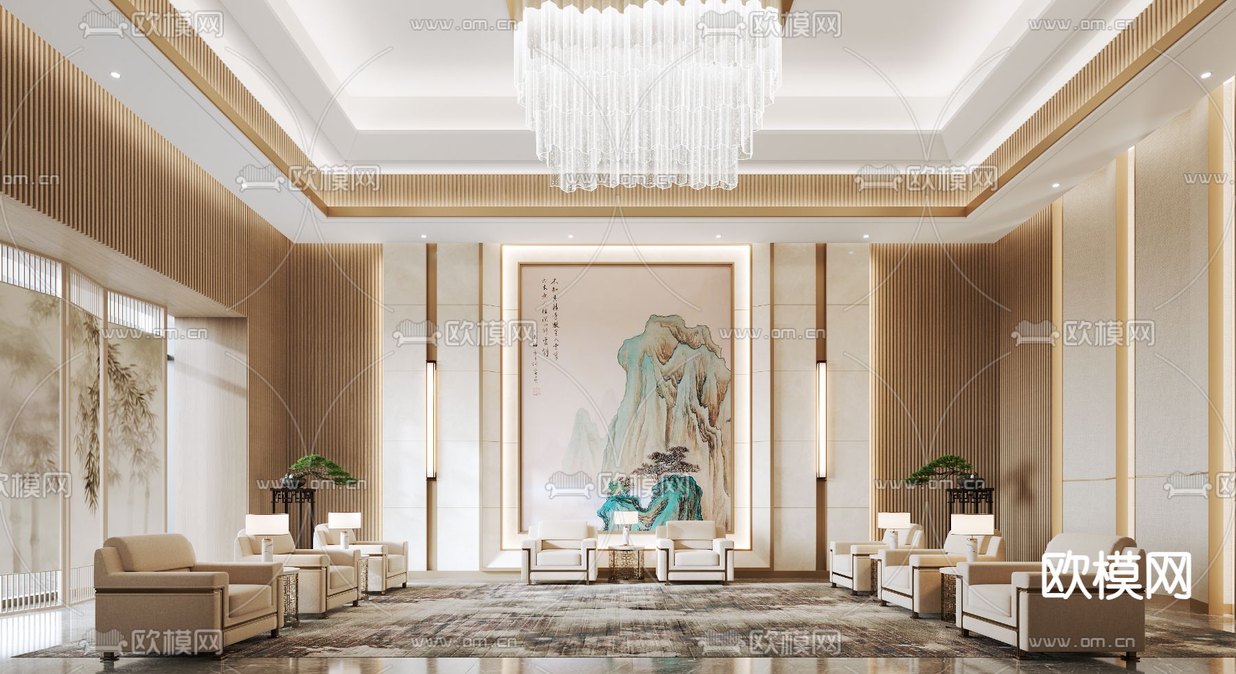 道亨效果图设计丨新中式会客室 接待室免费3d模型下载