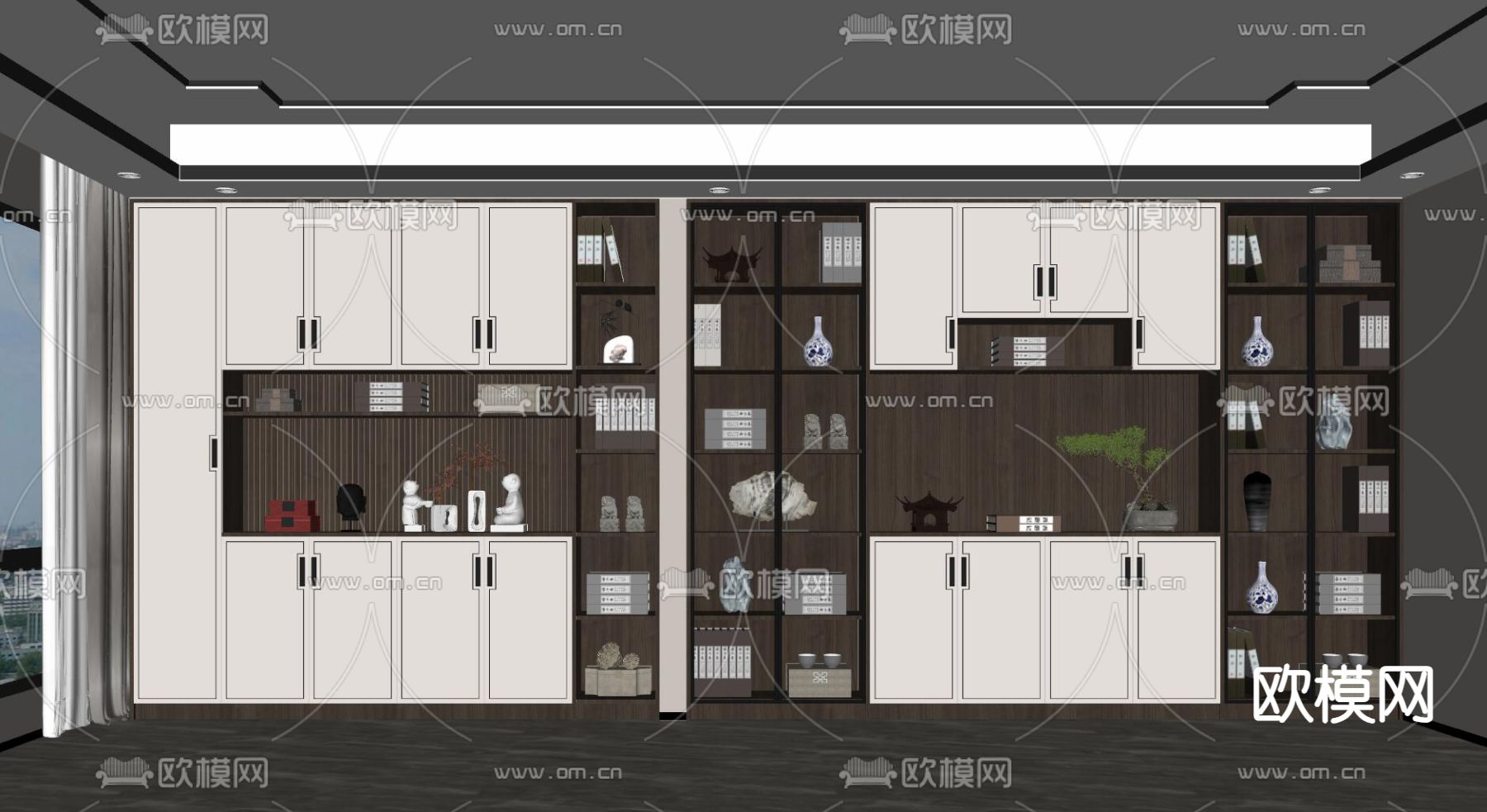 新中式书柜su模型下载（渲染图2）