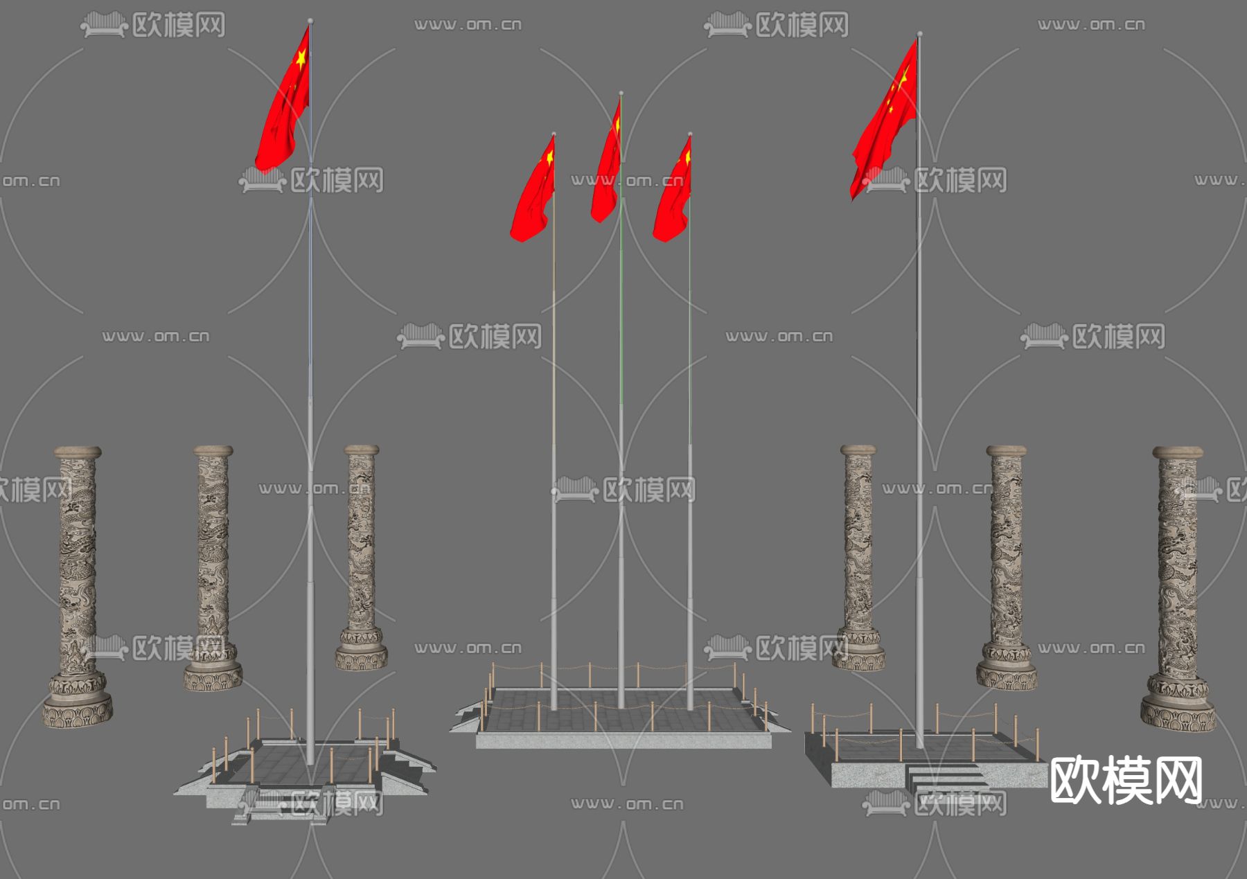 国旗 龙柱旗杆su模型下载（渲染图2）