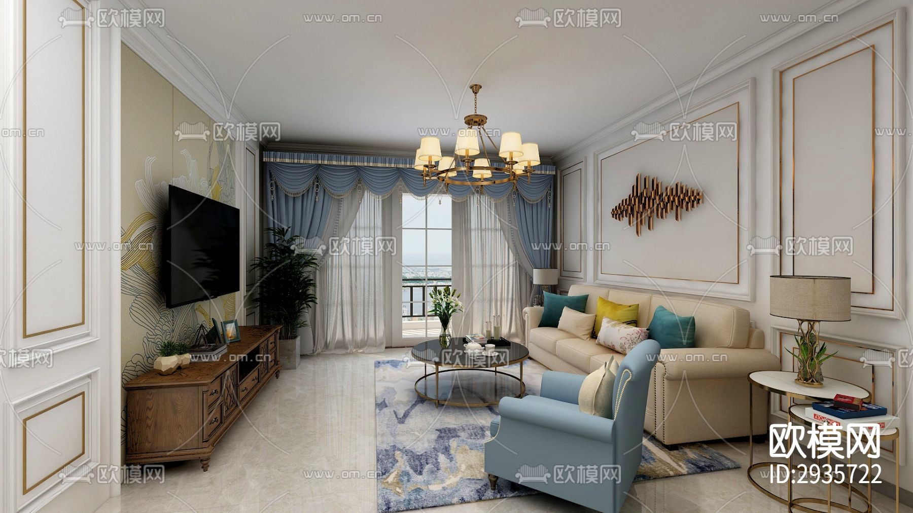 简欧式家装平面cad施工图下载（渲染图1）