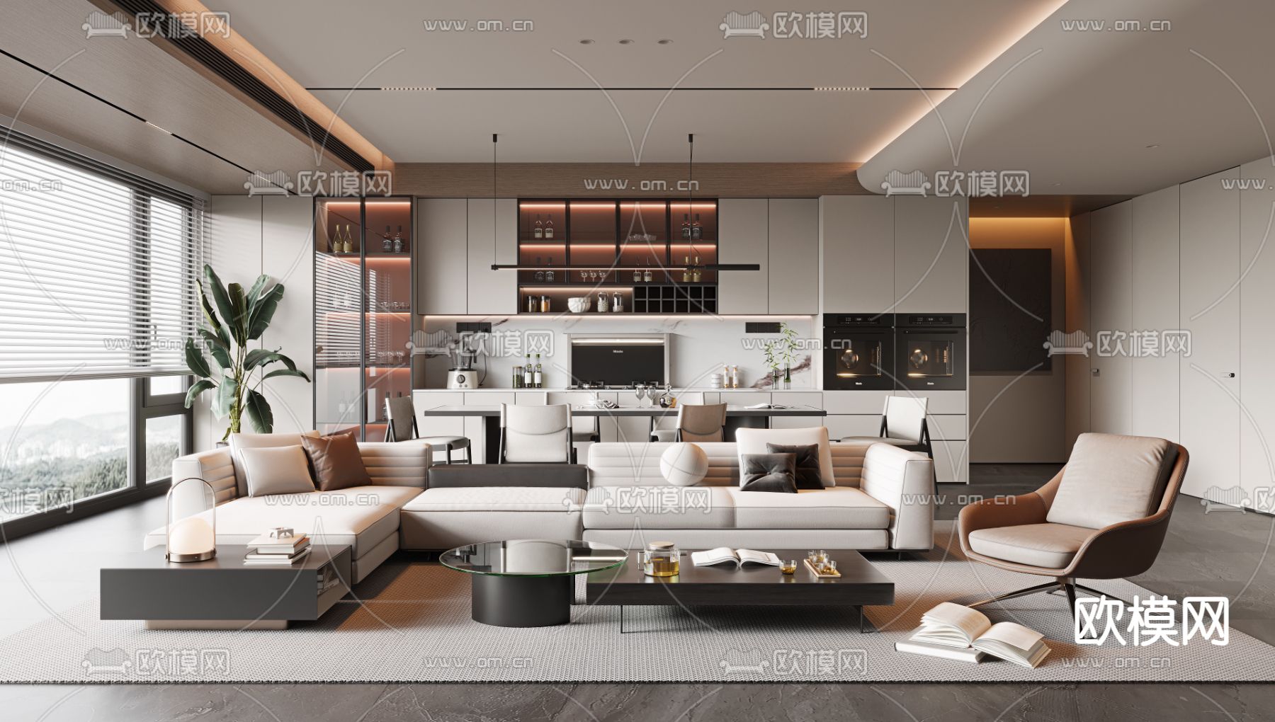 现代客厅 餐厅3d模型下载（渲染图1）