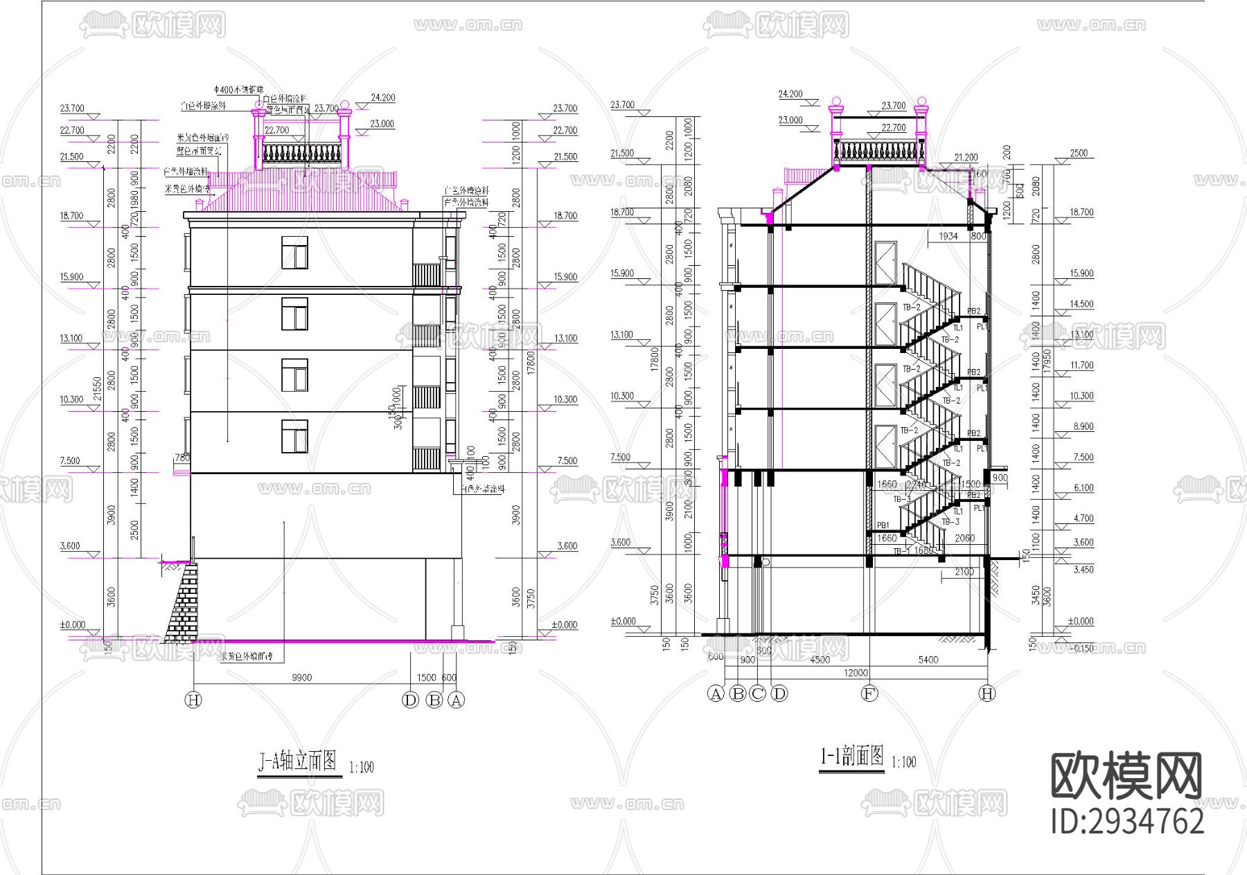 6层砖混结构商住楼设计cad施工图下载（渲染图8）