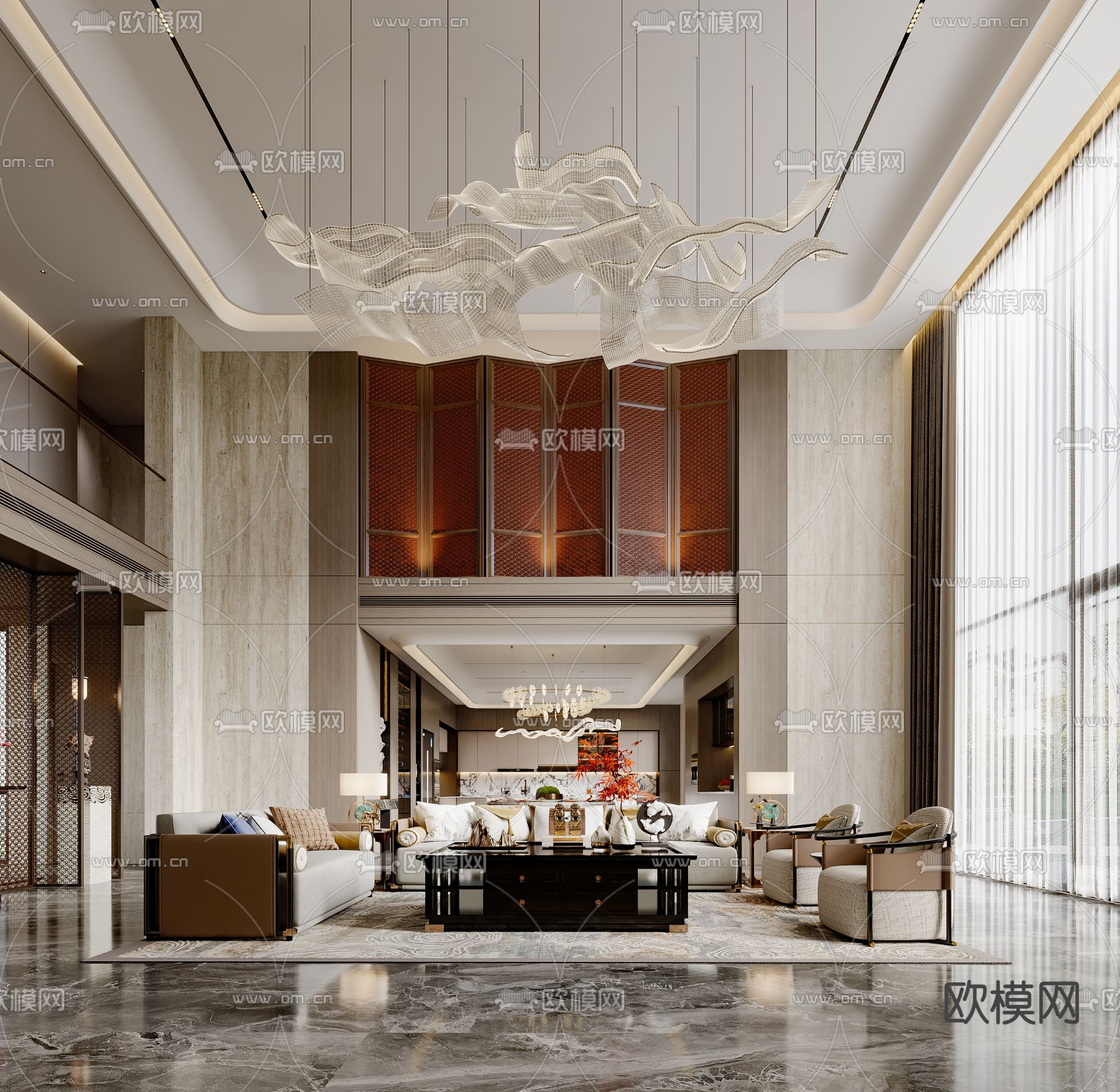 别墅客厅 别墅中空3d模型下载（渲染图1）