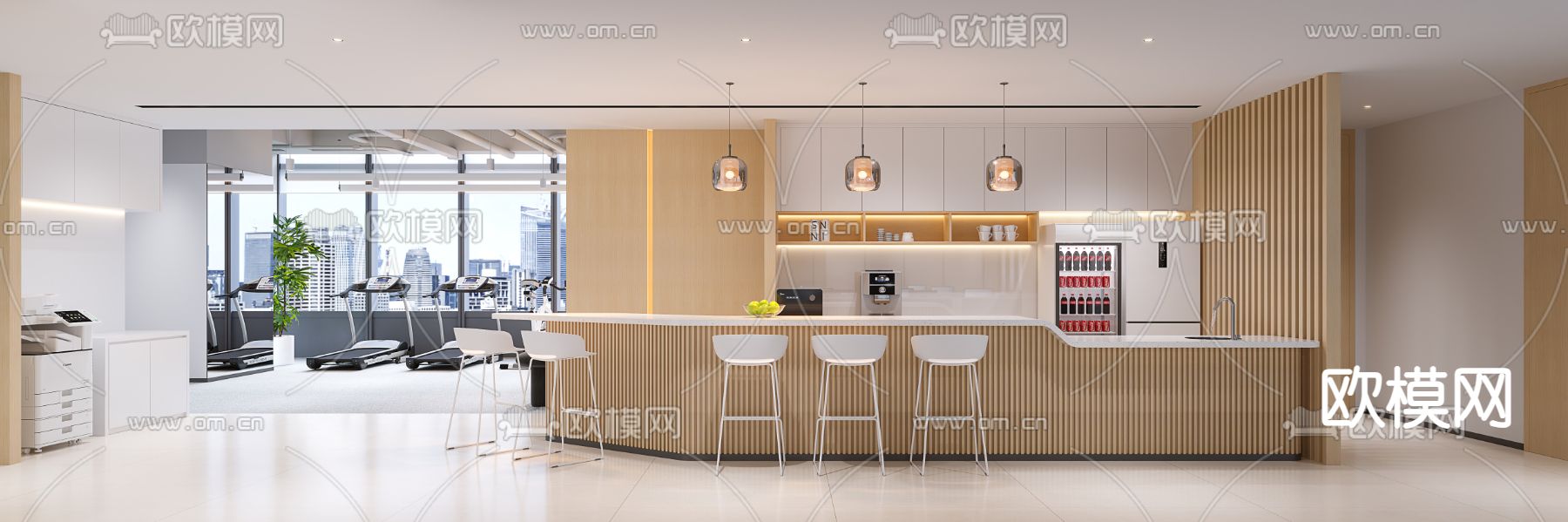 办公室茶水间 水吧台 健身区3d模型下载（渲染图2）