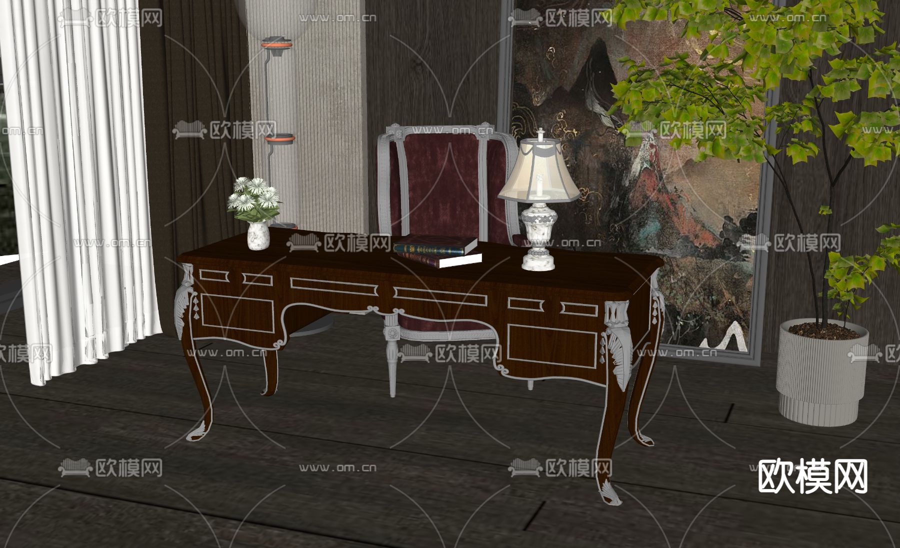 美式办公桌椅su模型下载（渲染图2）