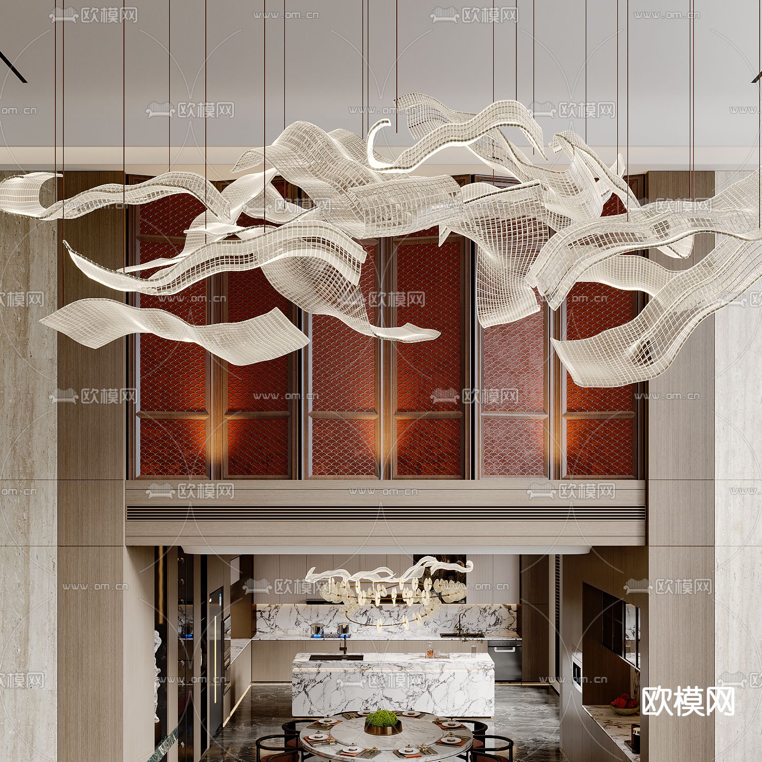 别墅客厅 别墅中空3d模型下载（渲染图3）