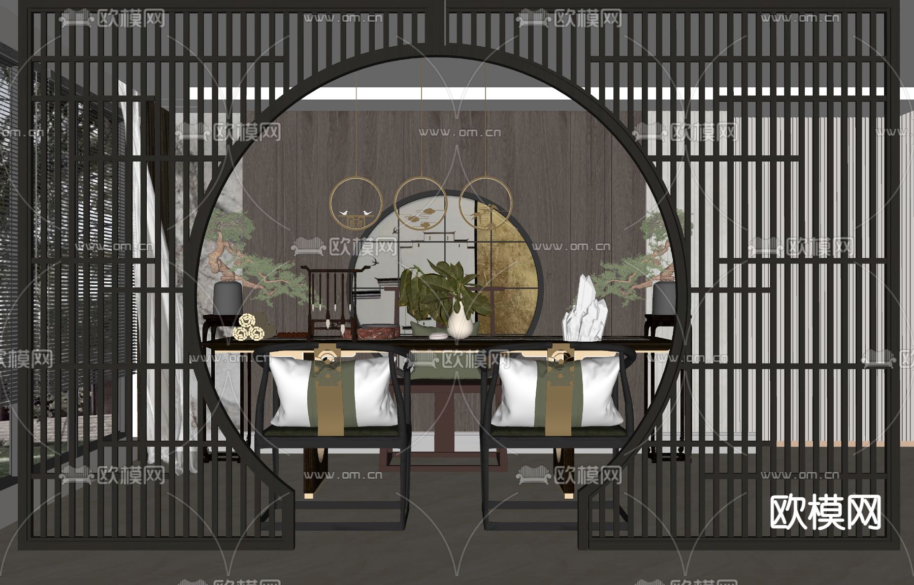 新中式书房su模型下载（渲染图1）