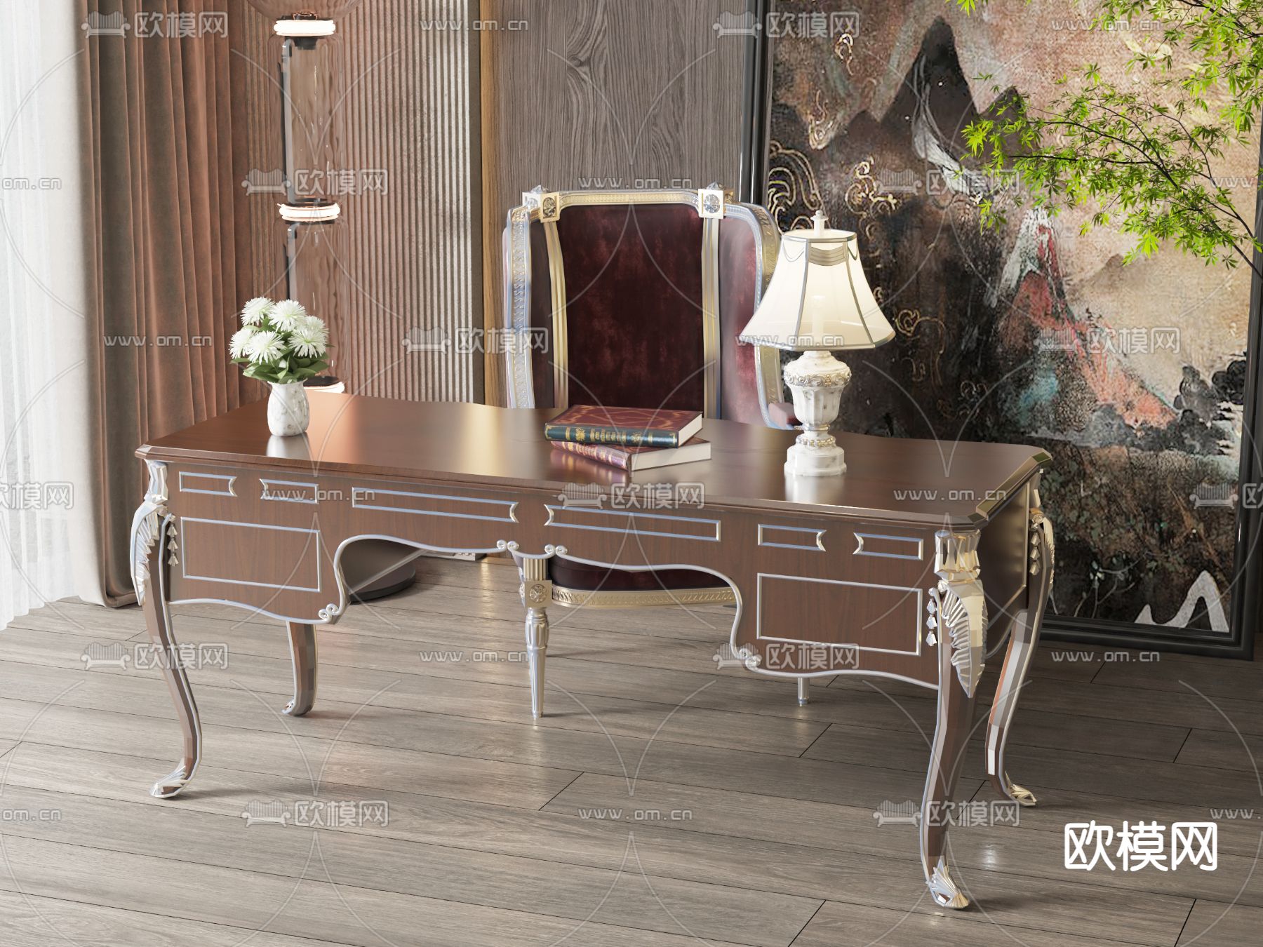 美式办公桌椅su模型下载（渲染图1）