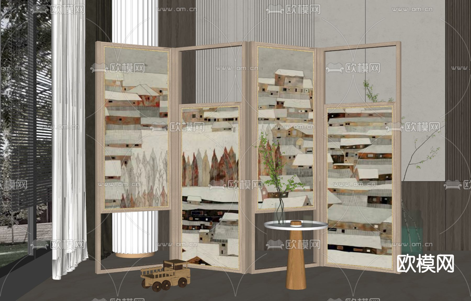 简欧屏风 隔断su模型下载（渲染图1）