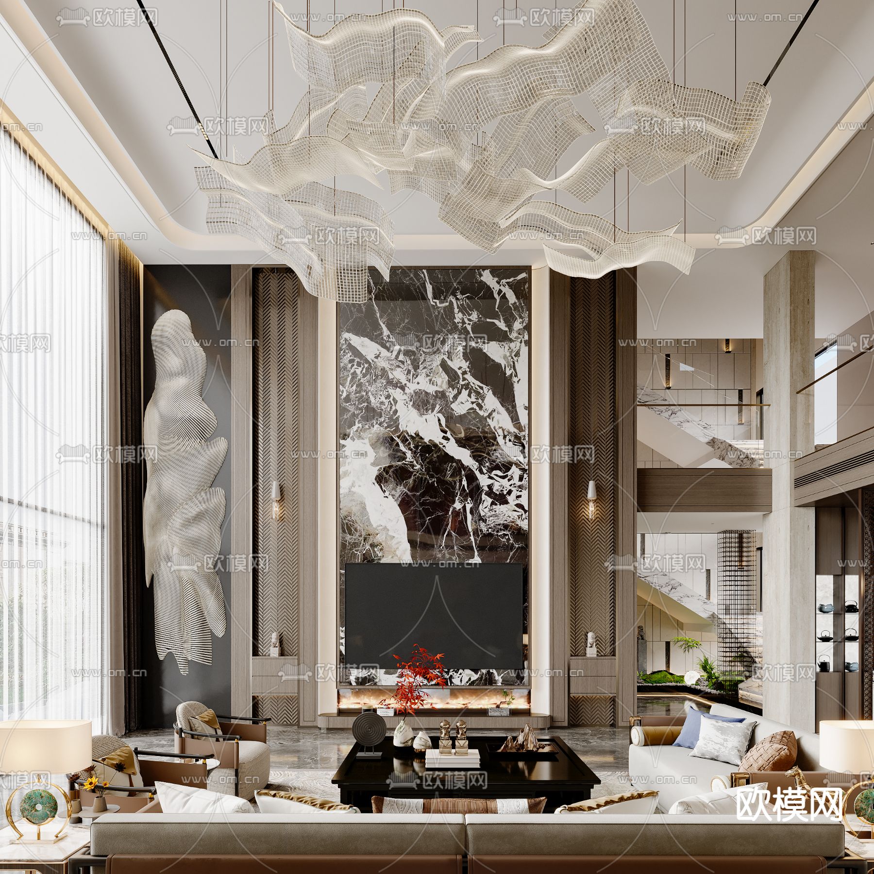 别墅客厅 别墅中空3d模型下载（渲染图6）