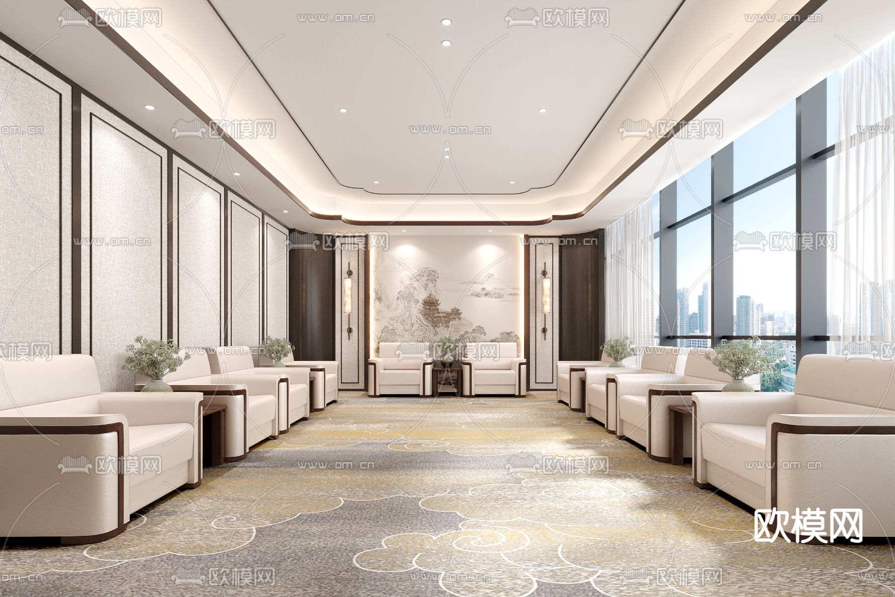新中式会客室 洽谈室 接待室3d模型下载