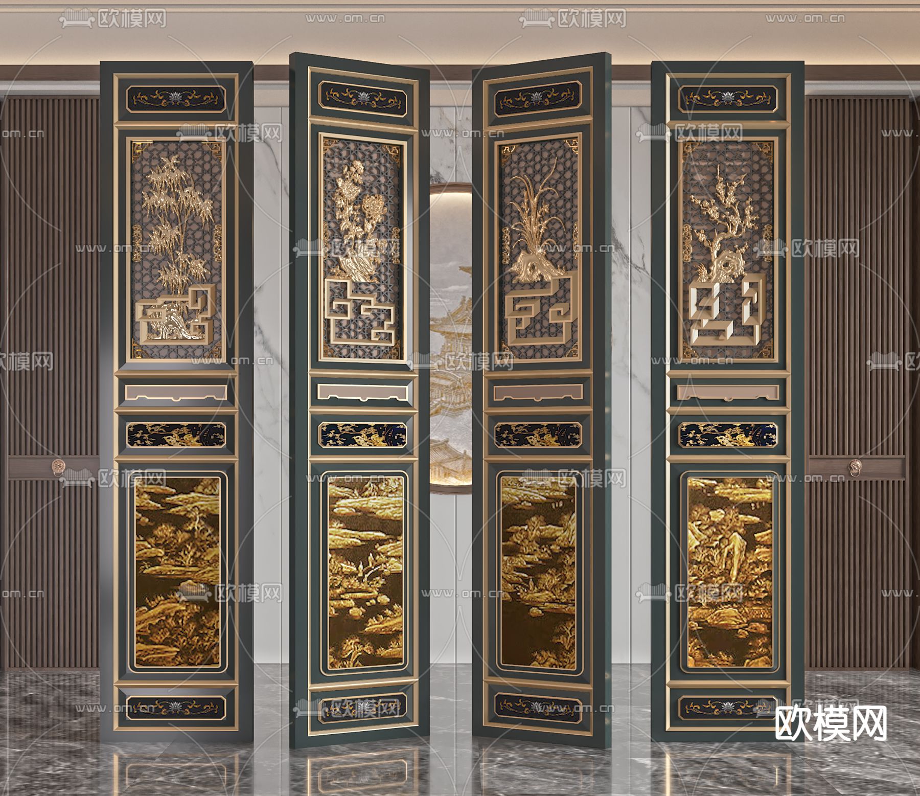 中式隔断 山水雕花屏风3d模型下载